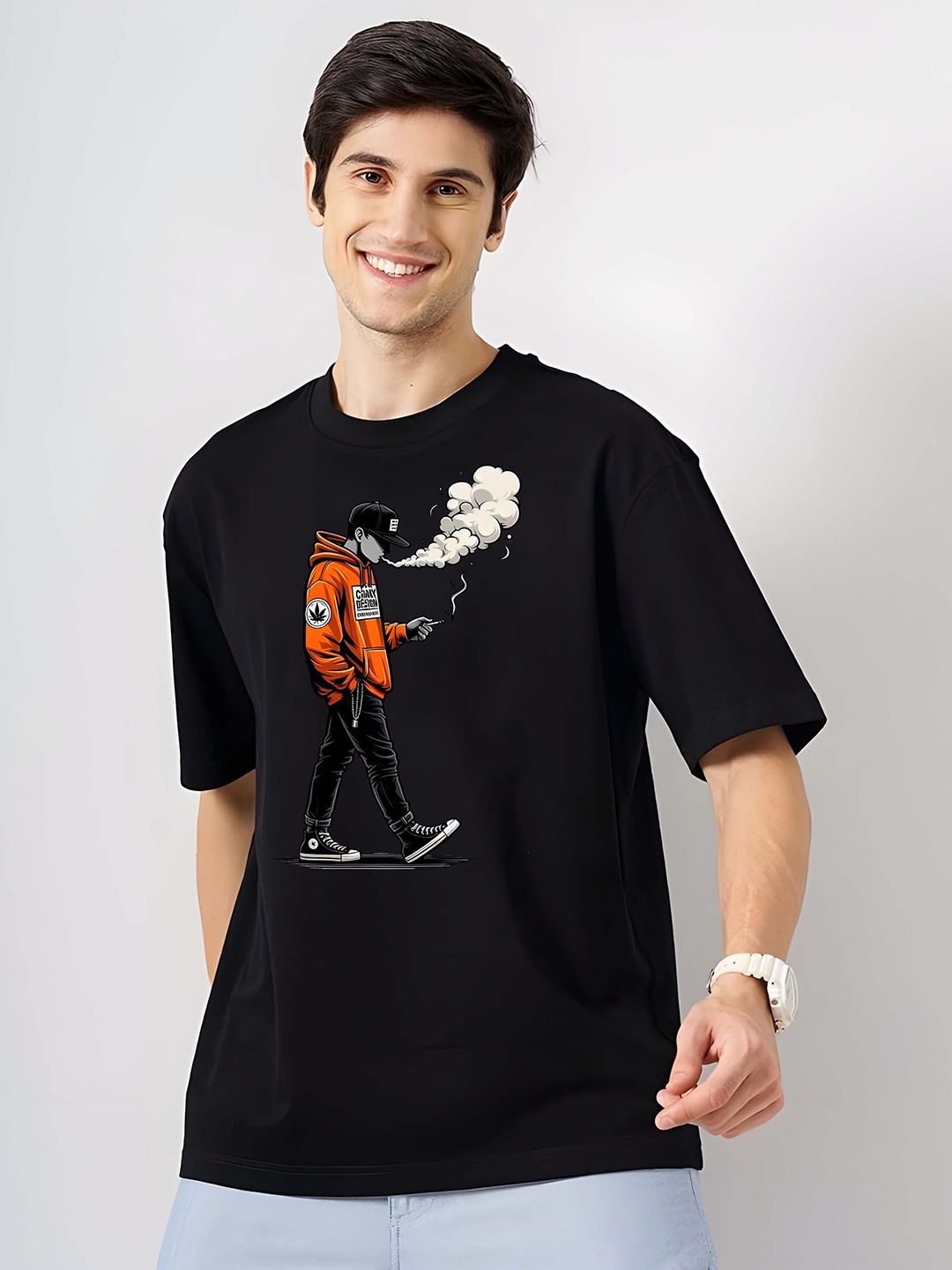 

BOWLIFESTYLE Men Graphic Printed Round Neck Cotton Oversized T-shirt, Black