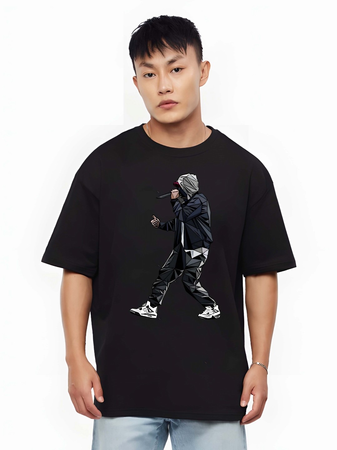 

BOWLIFESTYLE Men Graphic Printed Round Neck Cotton Oversized T-shirt, Black