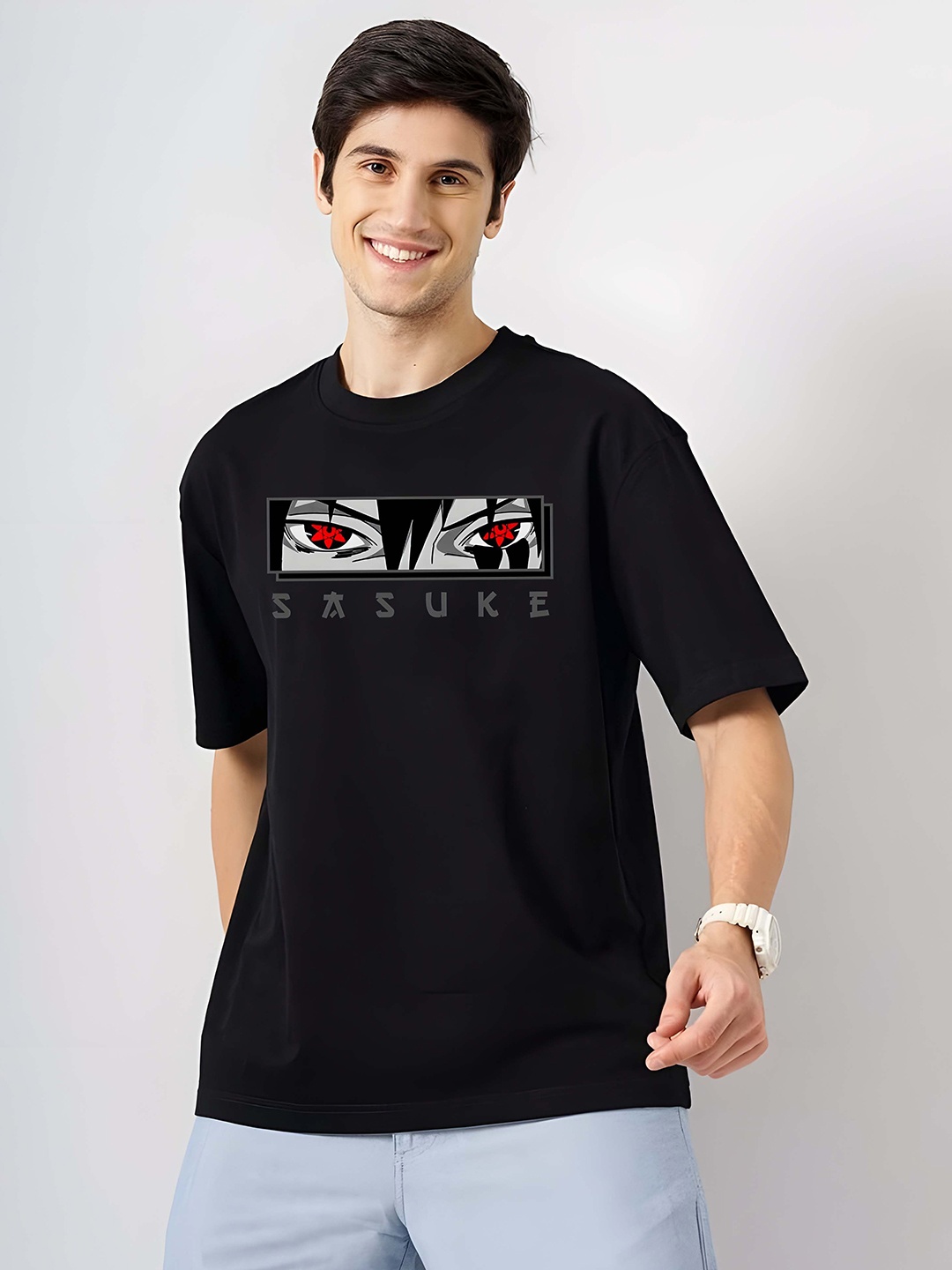 

BOWLIFESTYLE Men Graphic Printed Round Neck Cotton Oversized T-shirt, Black