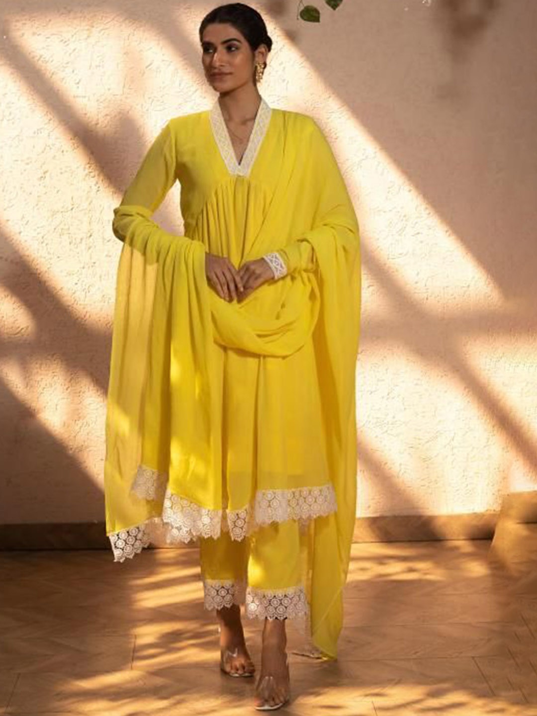 

SUKITI Mandarin Collar Anarkali Kurta With Trouser And Dupatta, Yellow