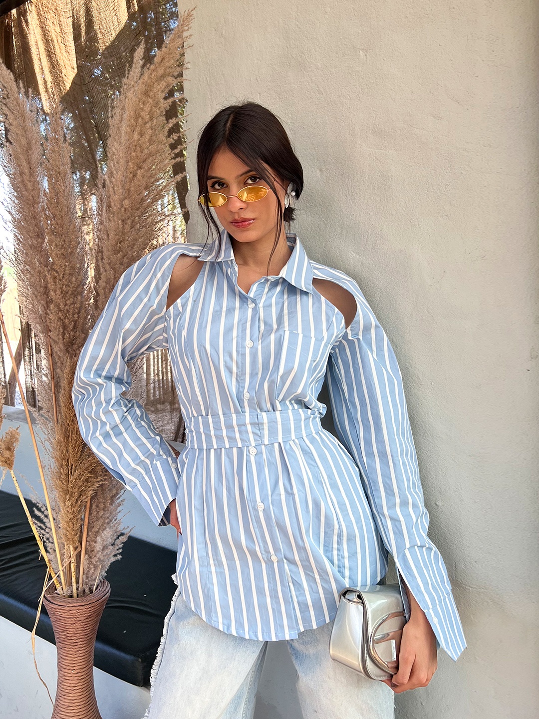 

Stylecast X Hersheinbox Women Cut-Outs Belted Pure Cotton Striped Casual Shirt, Blue