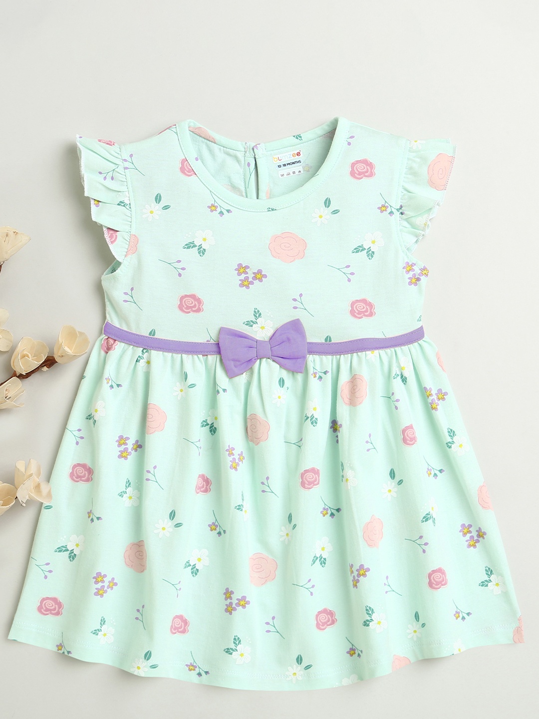

BUMZEE Girls Floral Printed Bow Detail Cotton Fit & Flare Dress, Green
