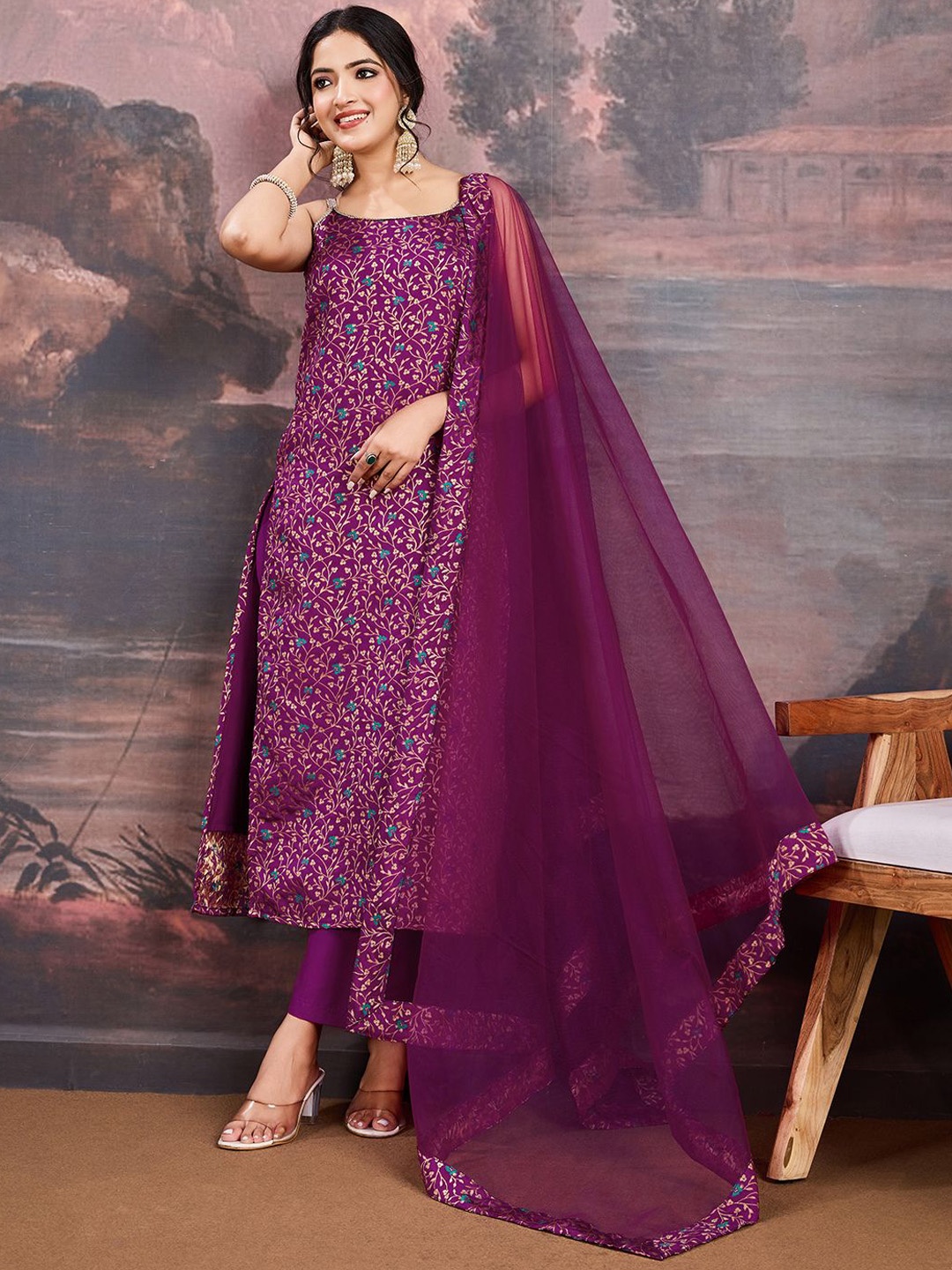 

House of Pataudi Floral Woven Design Sleeveless Straight Kurta With Trouser And Dupatta, Purple