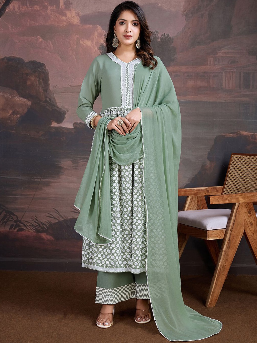 

House of Pataudi Floral Embroidered V-Neck Anarkali Kurta With Palazzo And Dupatta, Green