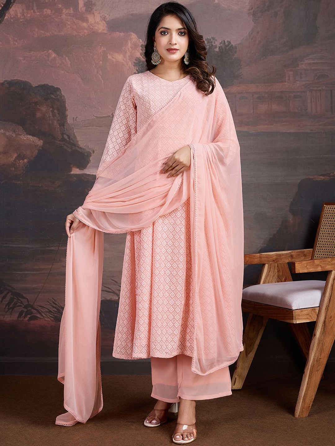 

House of Pataudi Chikankari V-Neck Anarkali Kurta With Trouser And Dupatta, Peach