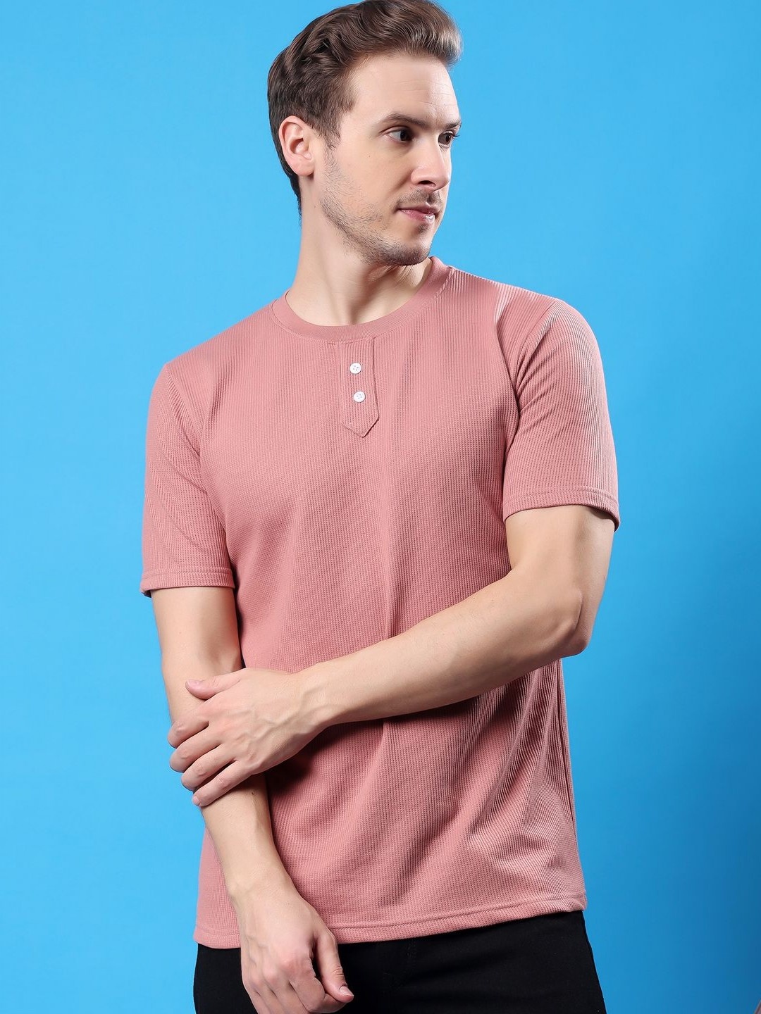 

madfrog Men Self Design Round Neck Cotton Relaxed Fit T-shirt, Peach