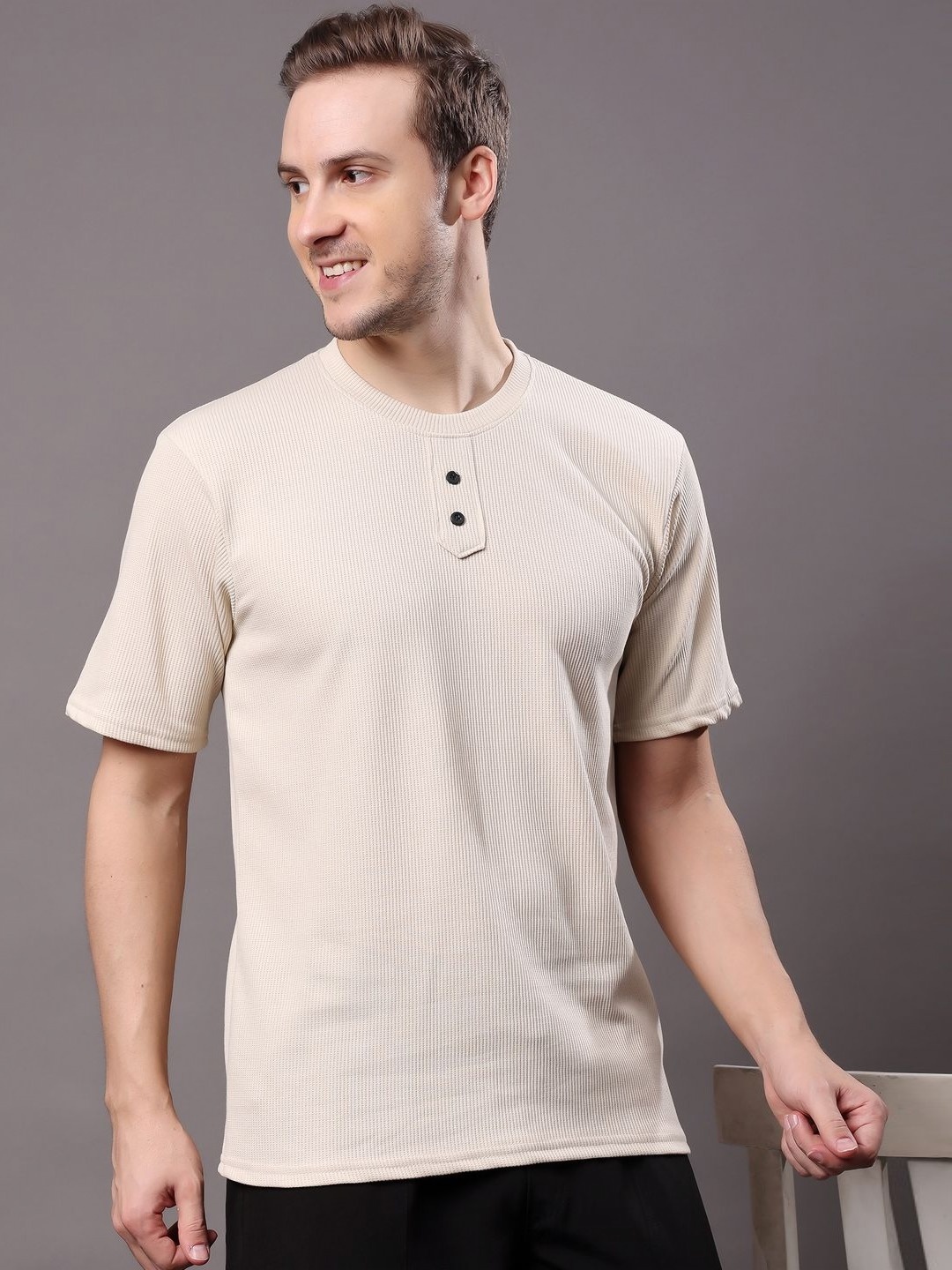 

madfrog Men Self Design Round Neck Cotton Relaxed Fit T-shirt, Beige