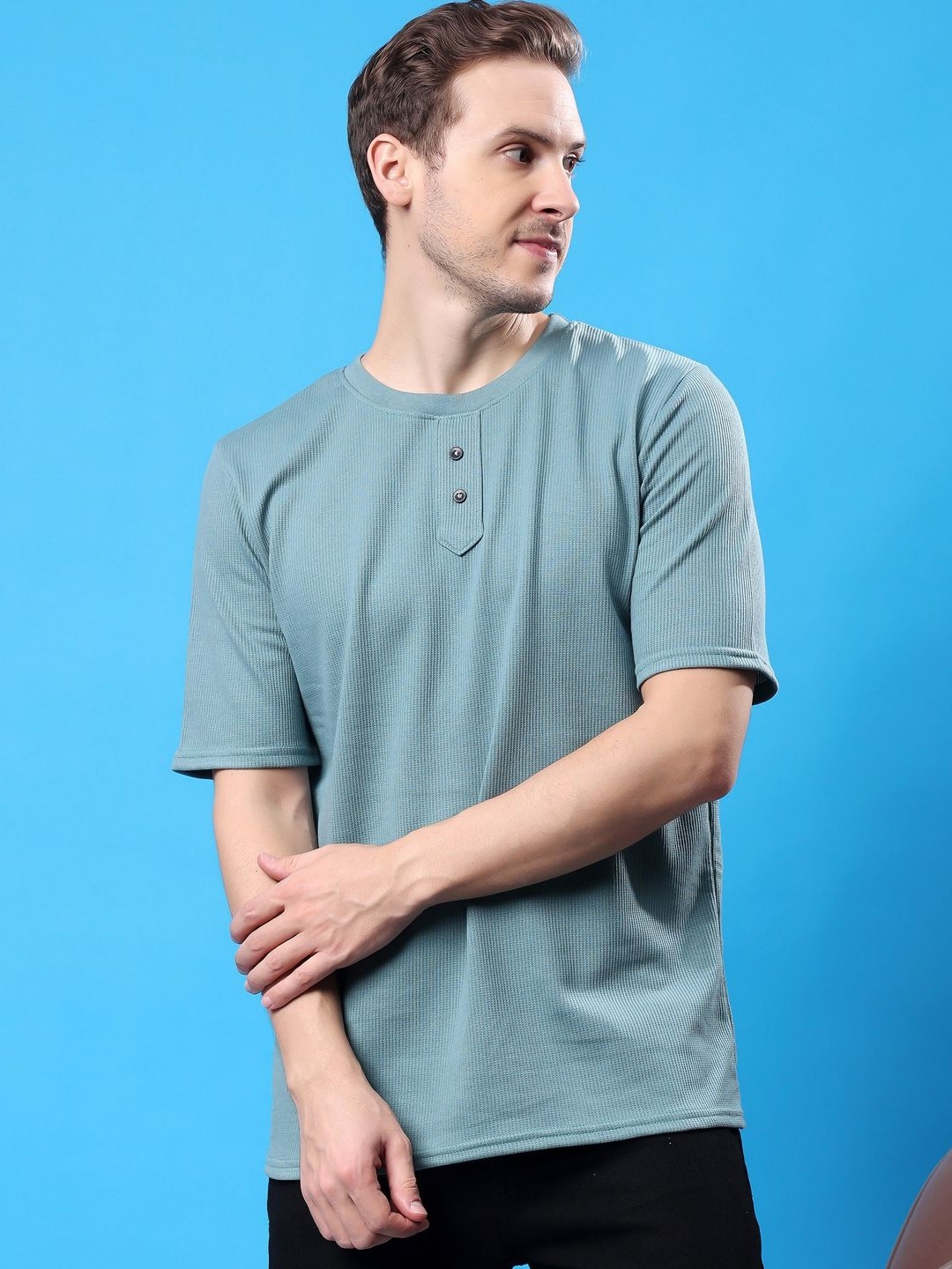 

madfrog Men Self Design Round Neck Cotton Relaxed Fit T-shirt, Blue