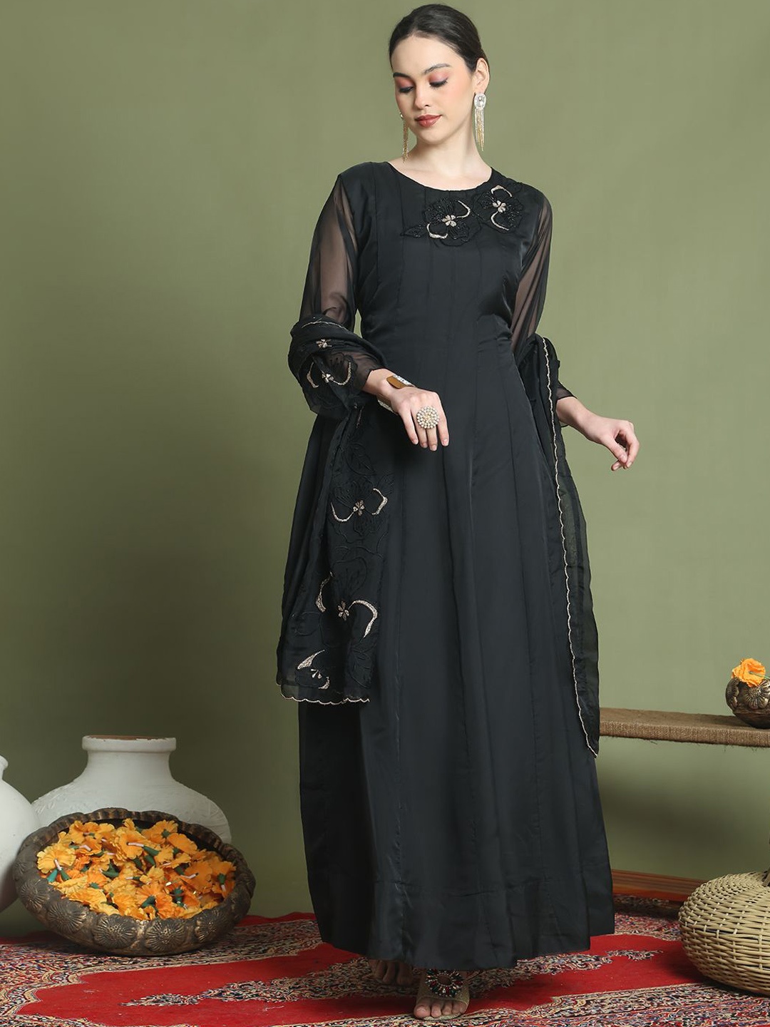 

Stylee LIFESTYLE Floral Embroidered Round Neck Organza Anarkali Kurta With Dupatta, Black