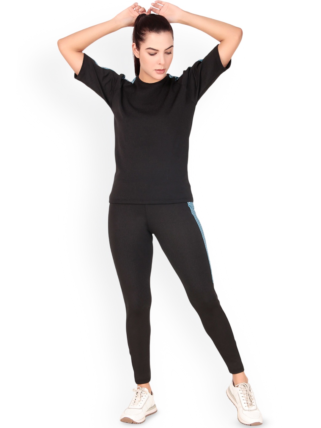 

BENZOS Women Short Sleeves T-Shirt With Tights Co-Ords, Black