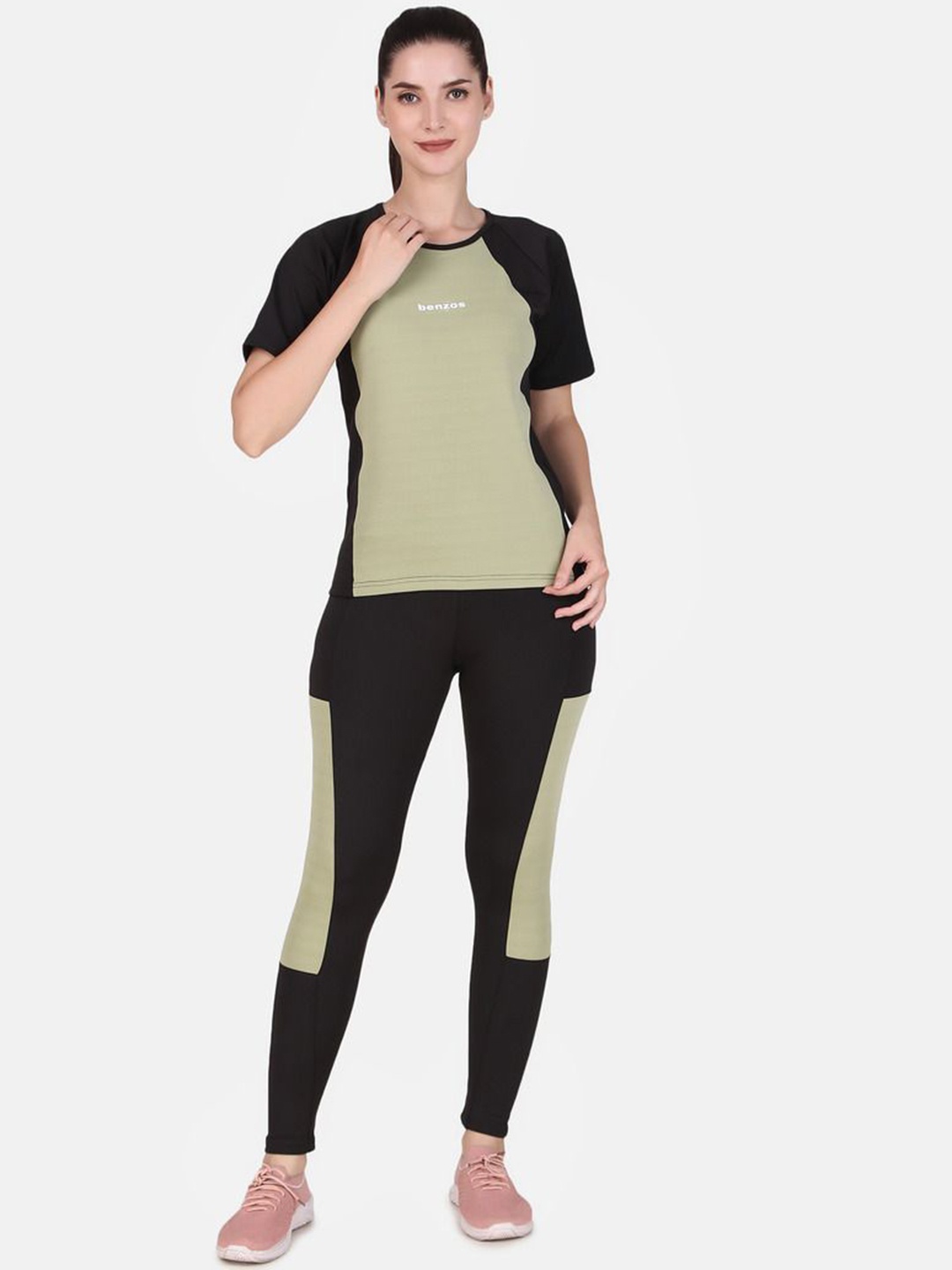 

BENZOS Women Colourblocked T-Shirt With Tights Co-Ords Sets, Black