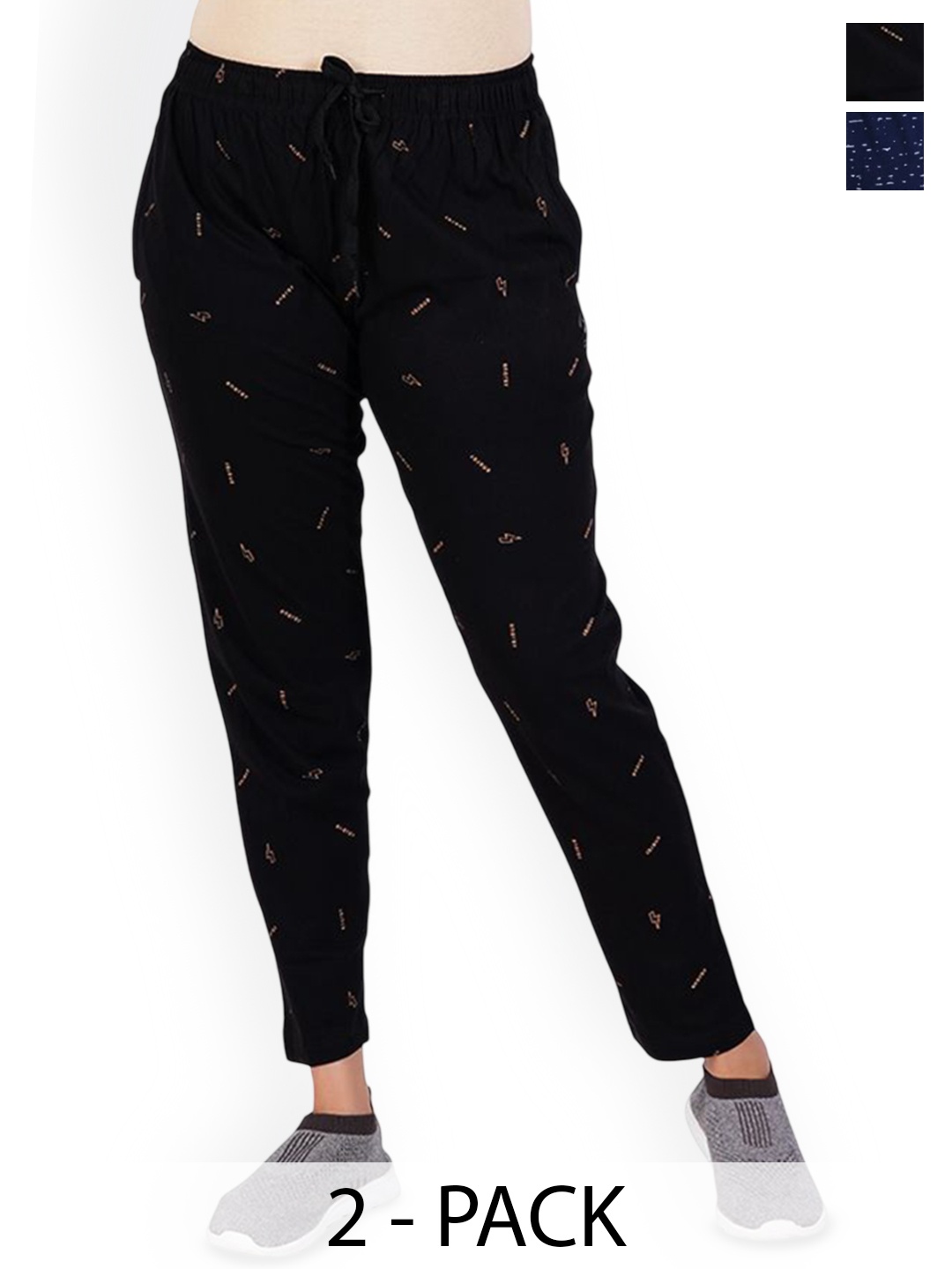 

FEEL TRACK Women Pack Of 2 Printed Pure Cotton Track Pants, Navy blue