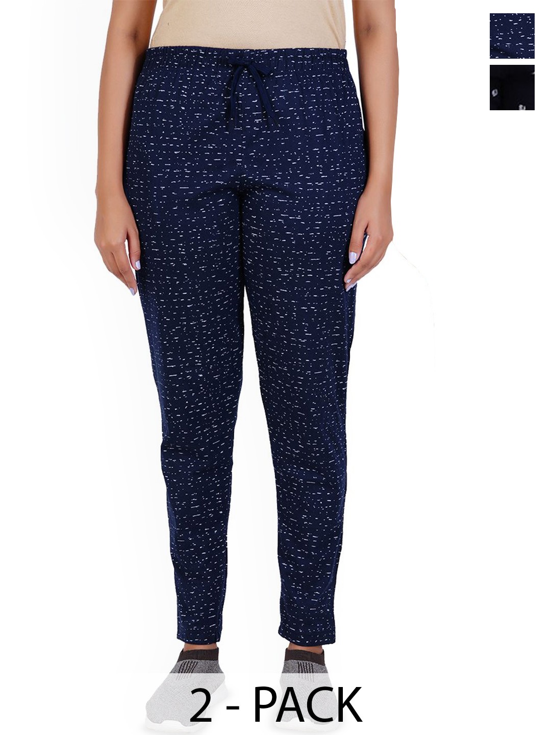 

FEEL TRACK Women Pack Of 2 Printed Cotton Track Pants, Navy blue