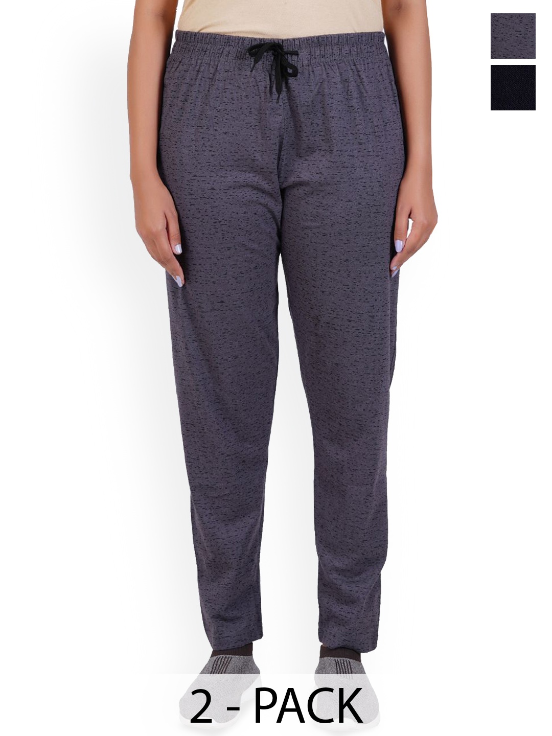 

FEEL TRACK Women Pack Of 2 Printed Pure Cotton Track Pants, Grey