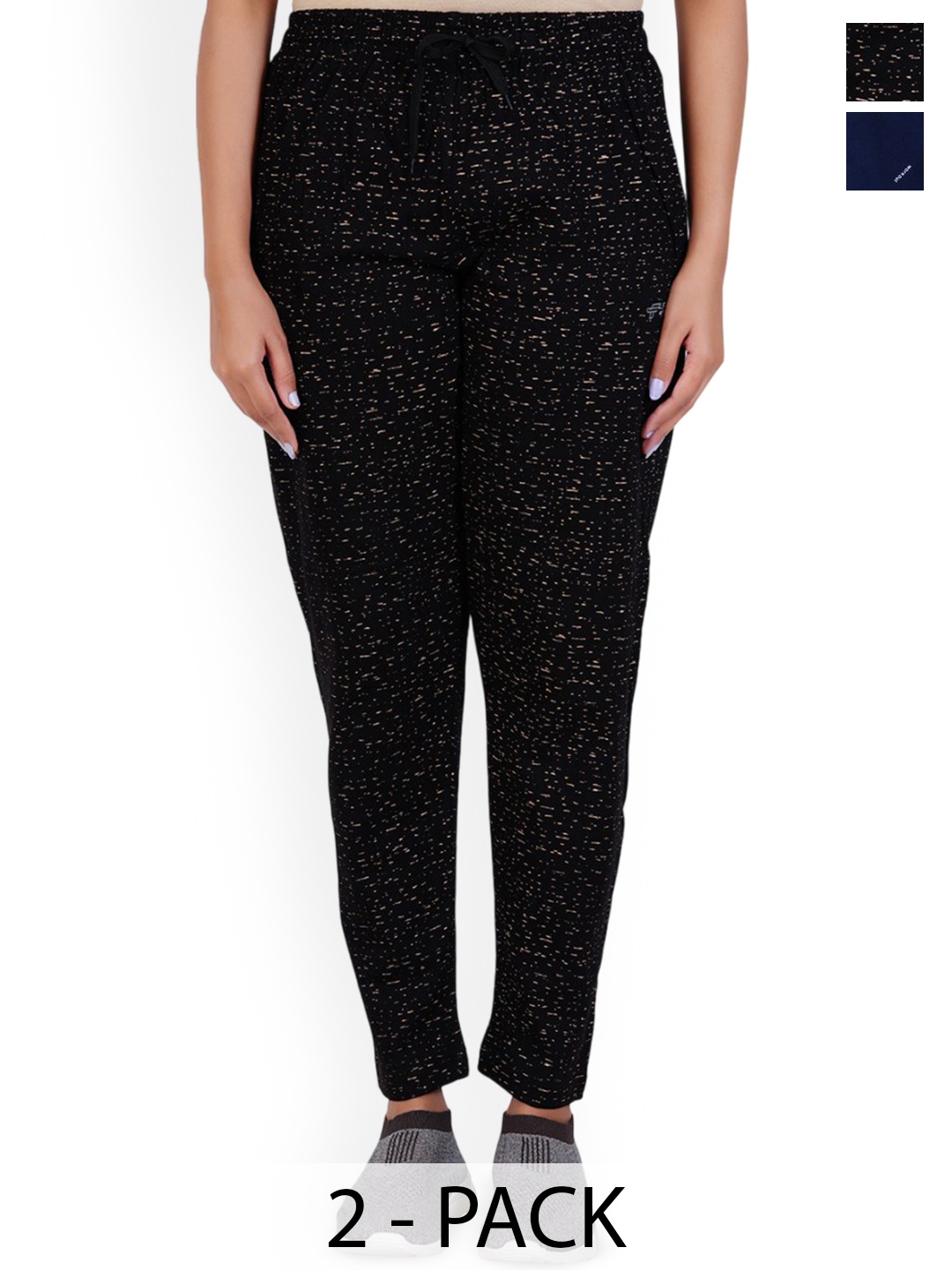 

FEEL TRACK Women Pack Of 2 Printed Pure Cotton Track Pants, Black