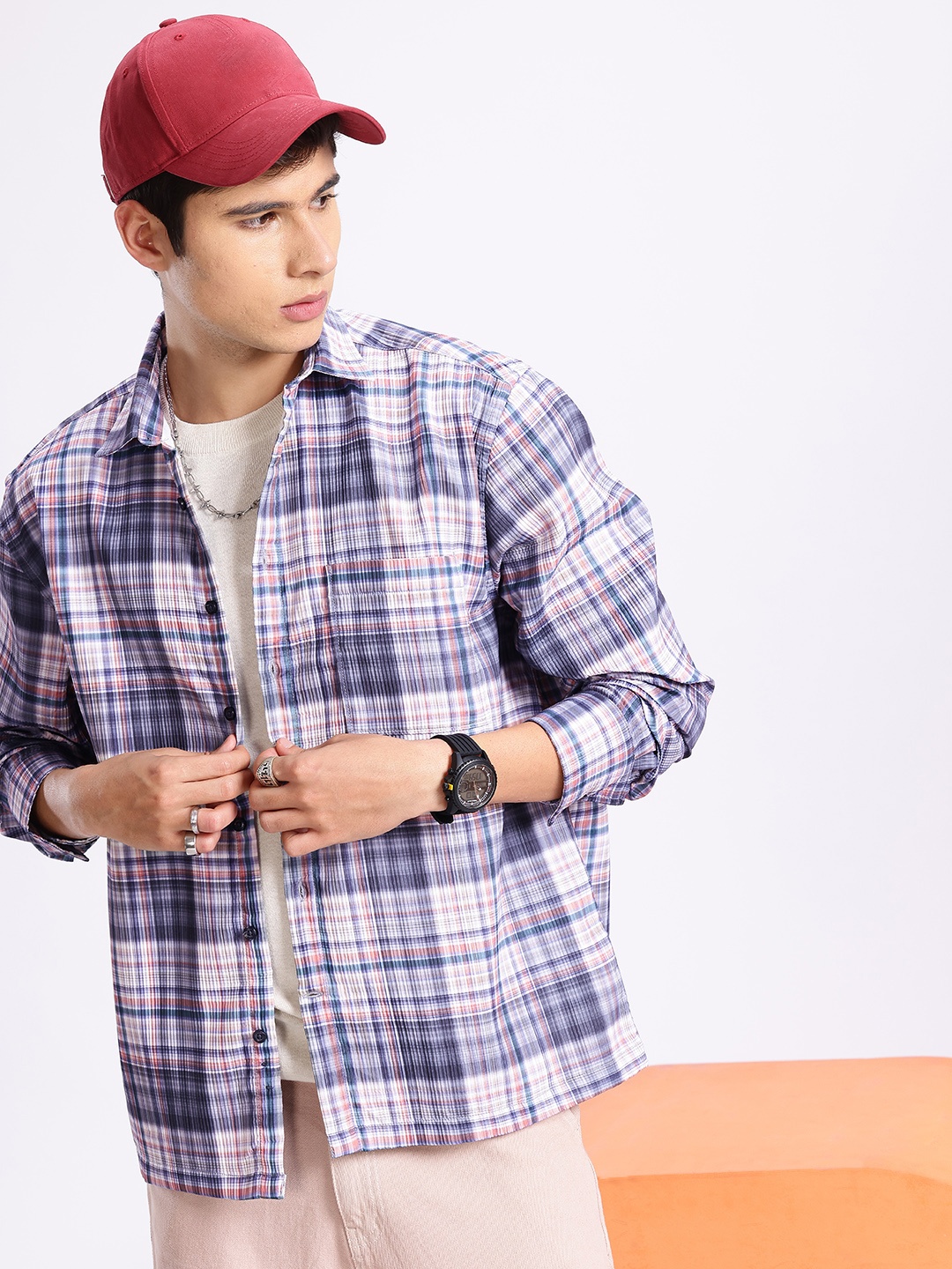 

Aeropostale Relaxed Fit Checked Drop-Shoulder Sleeves Casual Shirt, White