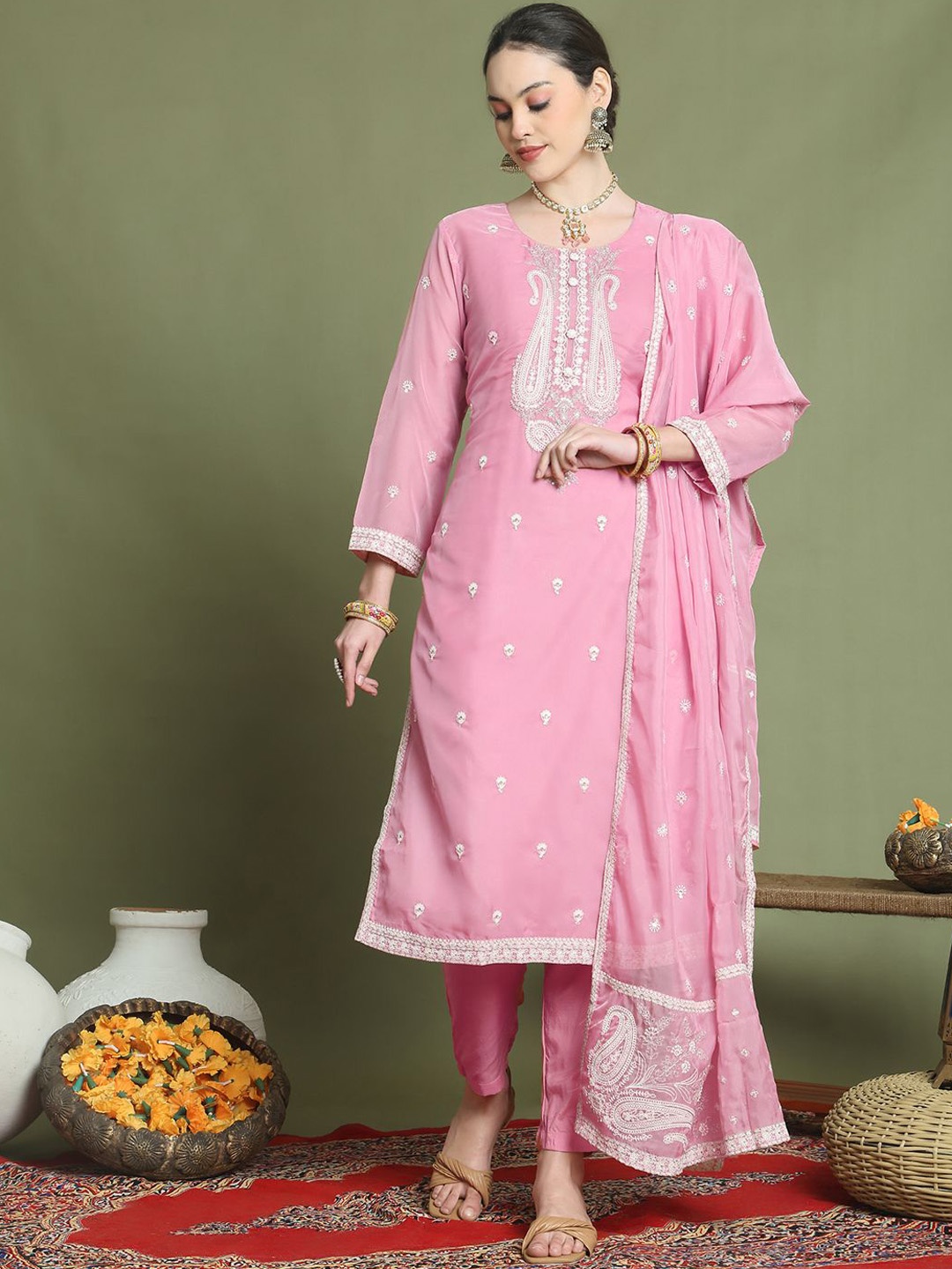 

Stylee LIFESTYLE Paisley Embroidered Round Neck Kurta With Trouser And Dupatta, Pink