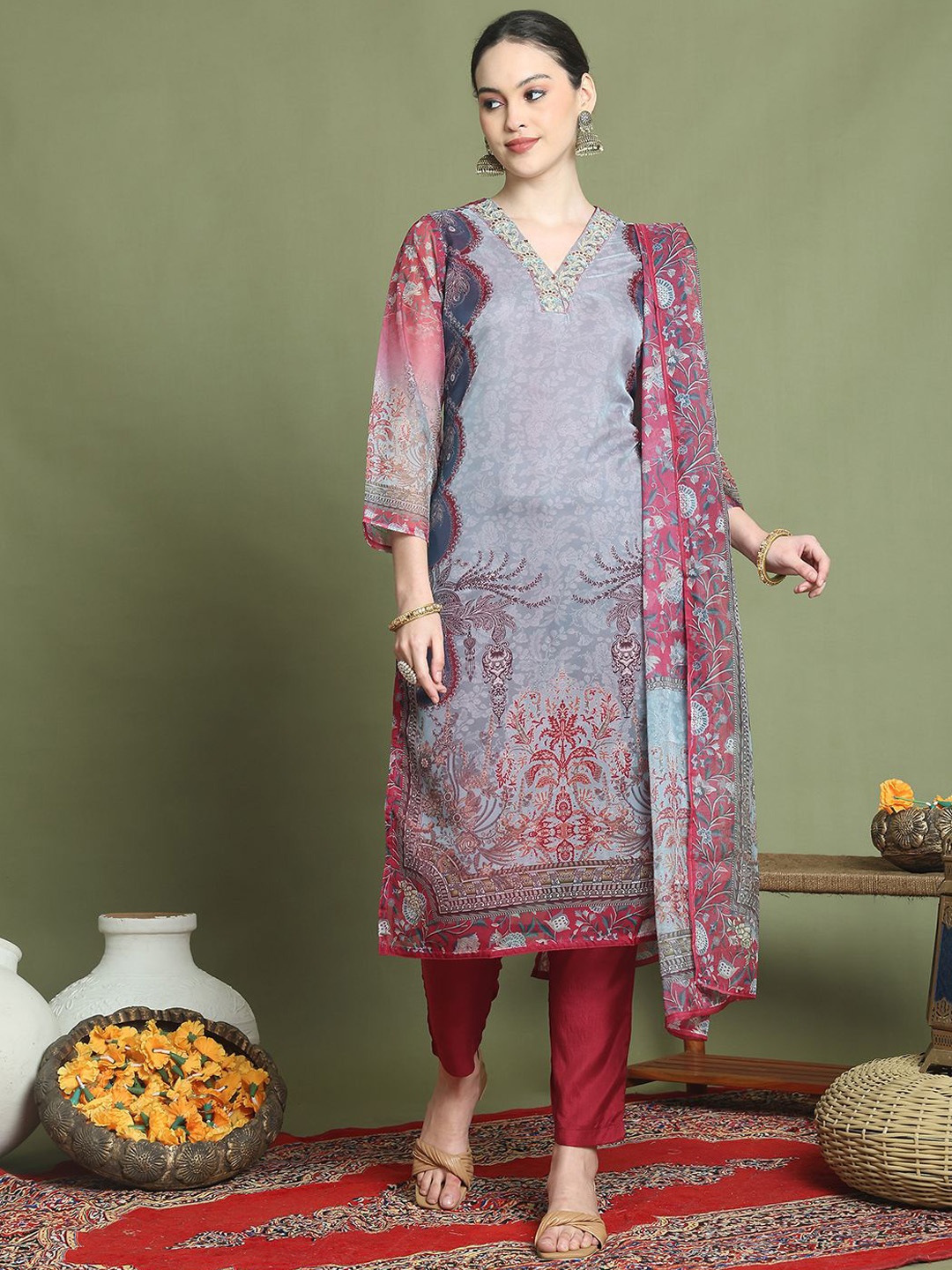 

Stylee LIFESTYLE Ethnic Motifs Printed Sequinned Kurta With Trouser And Dupatta, Grey