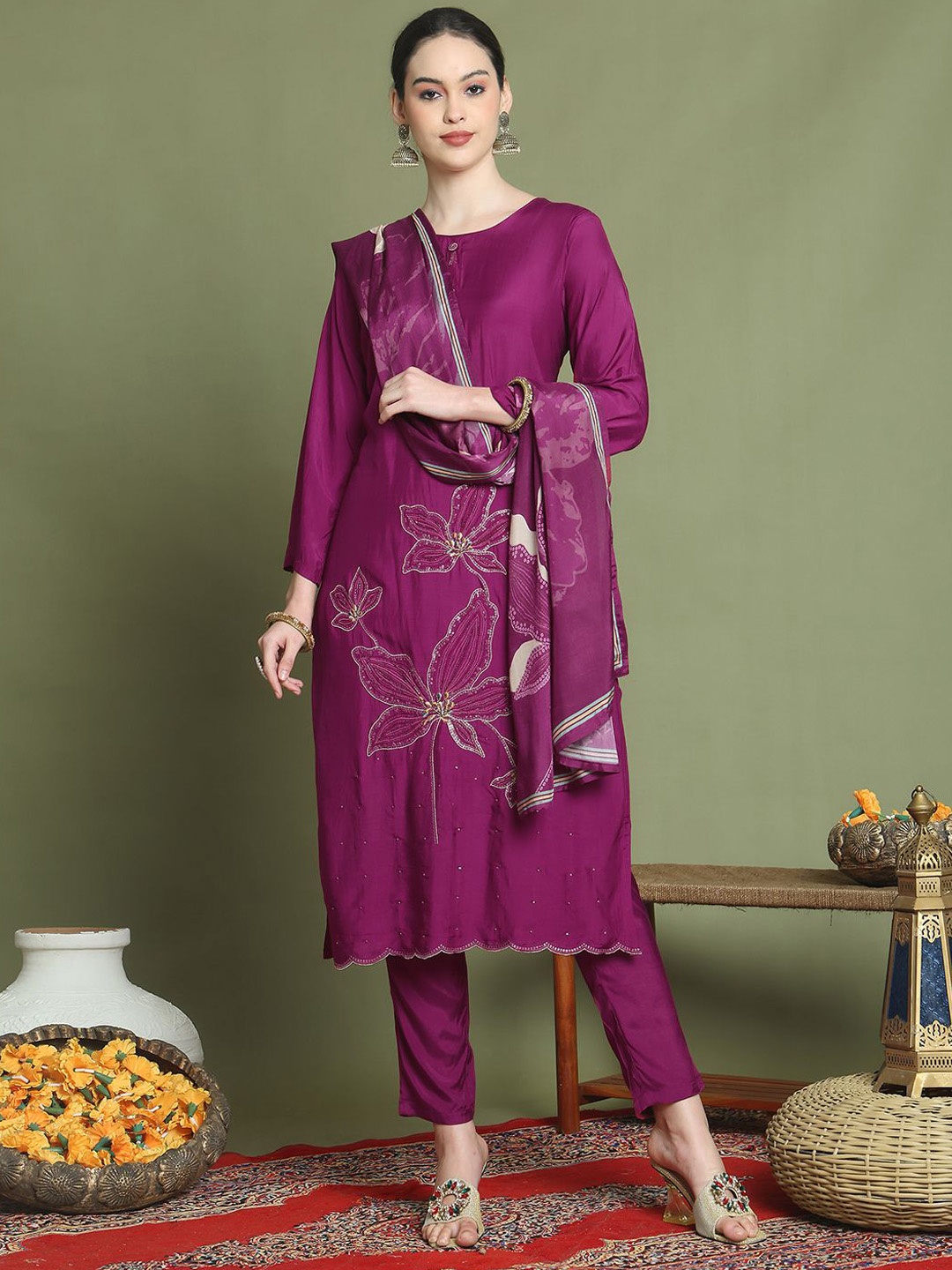 

Stylee LIFESTYLE Floral Embroidered Pure Silk Kurta With Trouser And Dupatta, Magenta