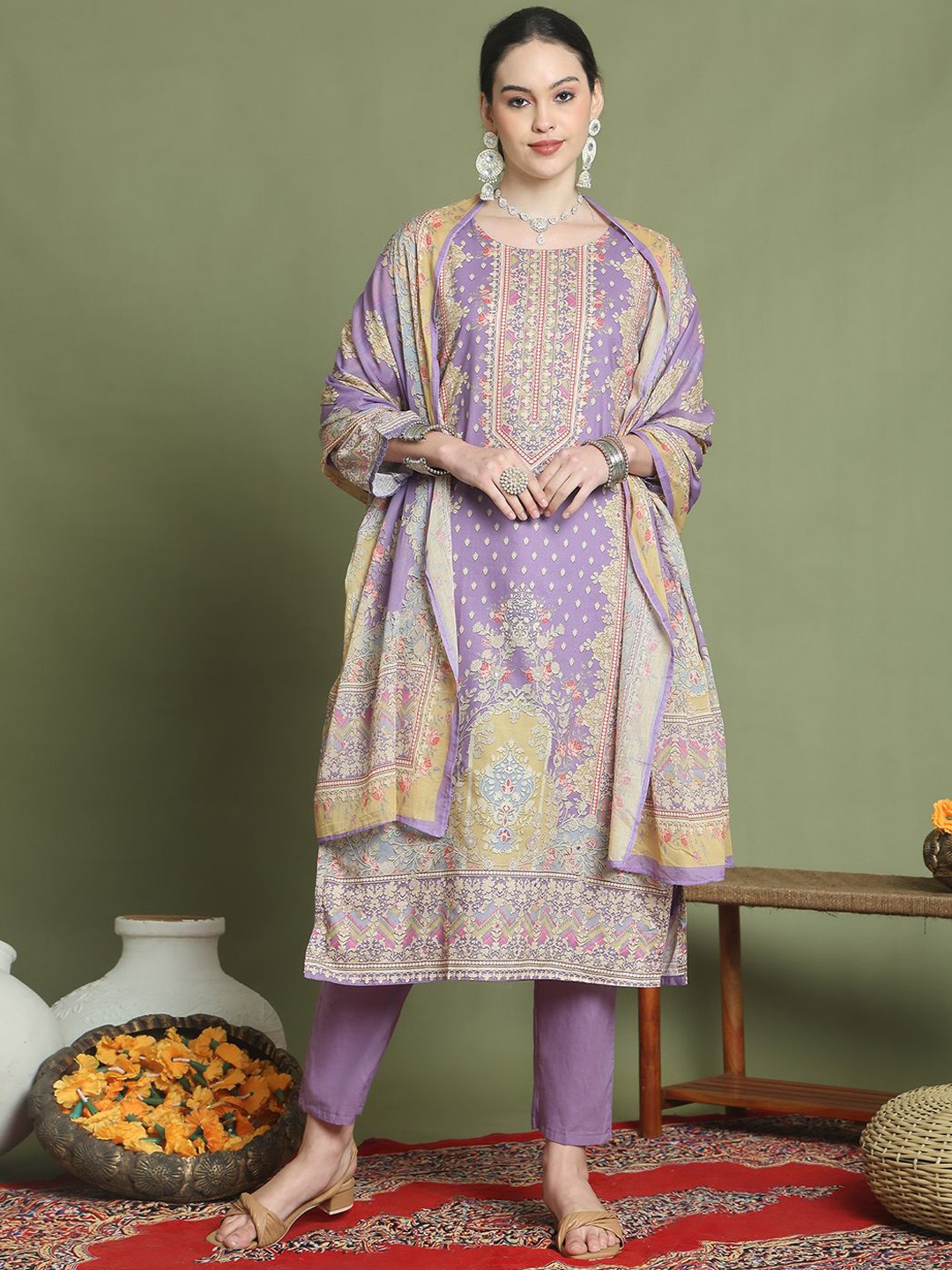 

Stylee LIFESTYLE Floral Printed Pure Silk Kurta With Trouser And Dupatta, Purple