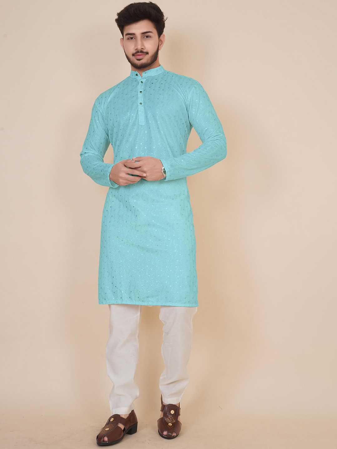 

BLURR Band Collar Thread Work Cotton Straight Kurta, Blue