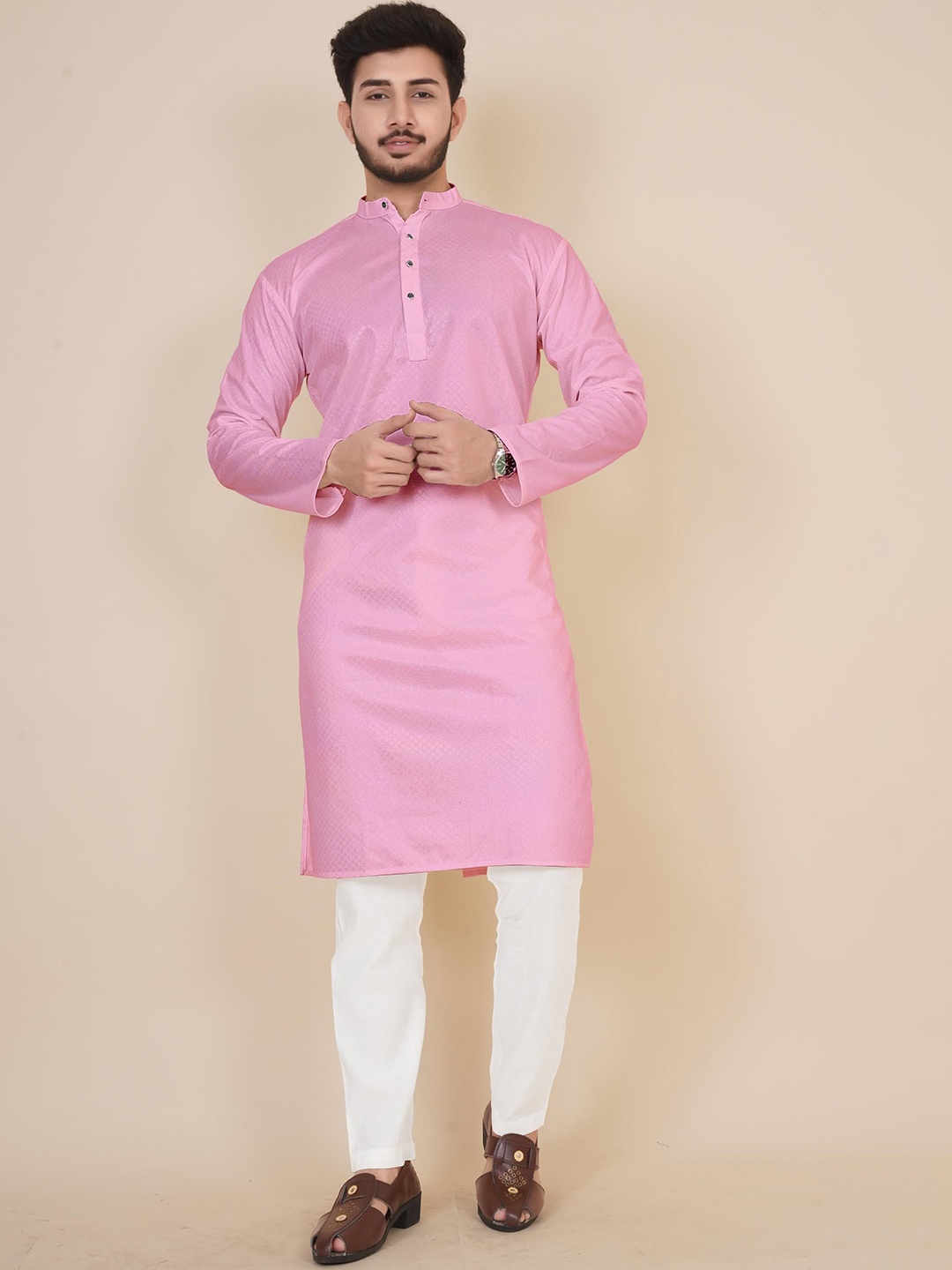

BLURR Band Collar Thread Work Cotton Straight Kurta, Pink