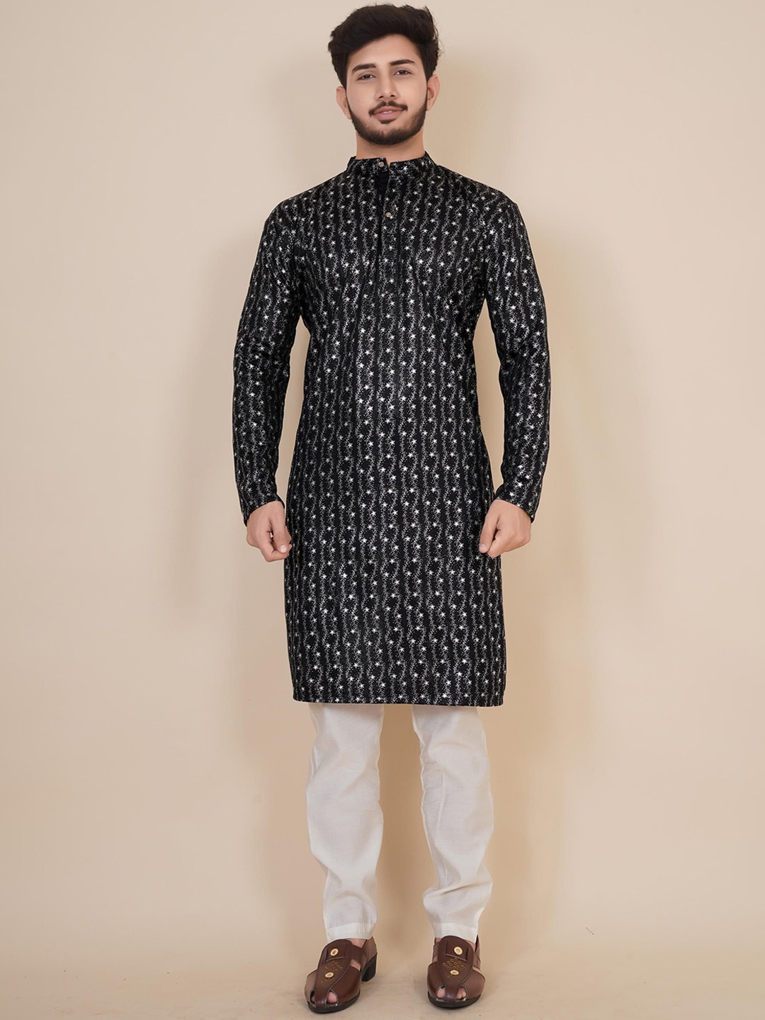 

BLURR Abstract Printed Band Collar Cotton Straight Kurta, Black