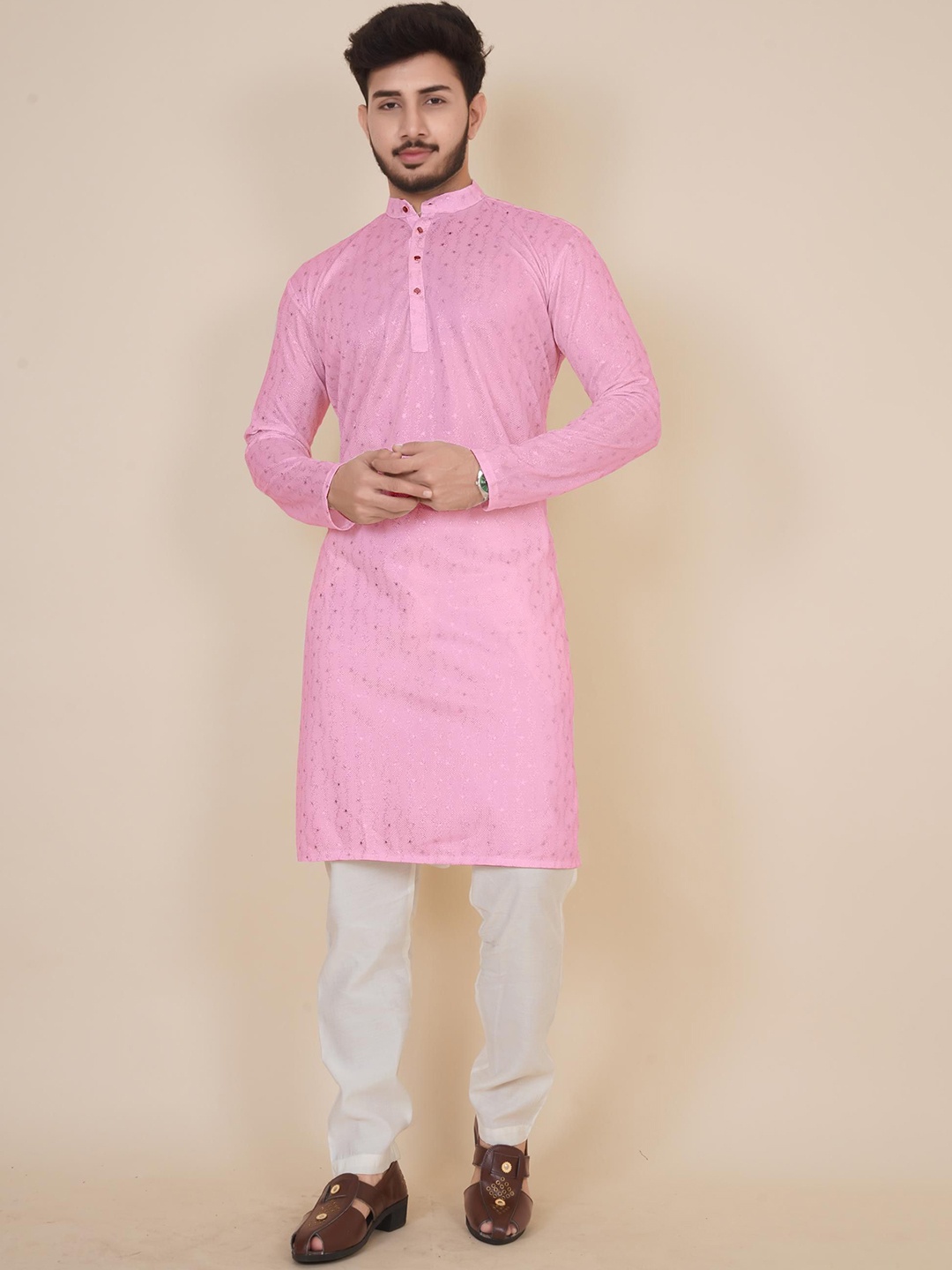 

BLURR Band Collar Thread Work Cotton Straight Kurta, Pink