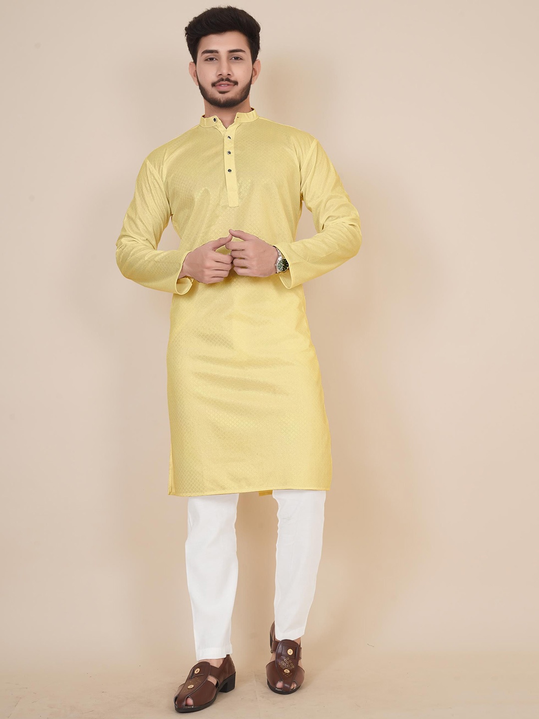 

BLURR Band Collar Thread Work Cotton Straight Kurta, Yellow