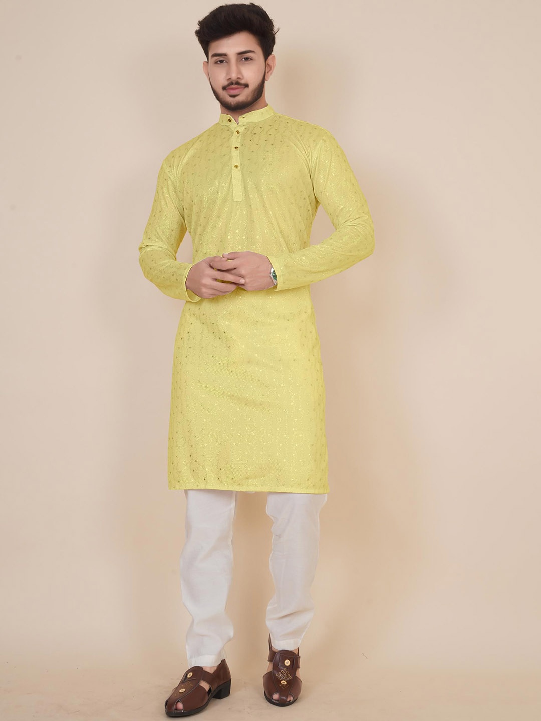 

BLURR Men Thread Work Kurta, Yellow