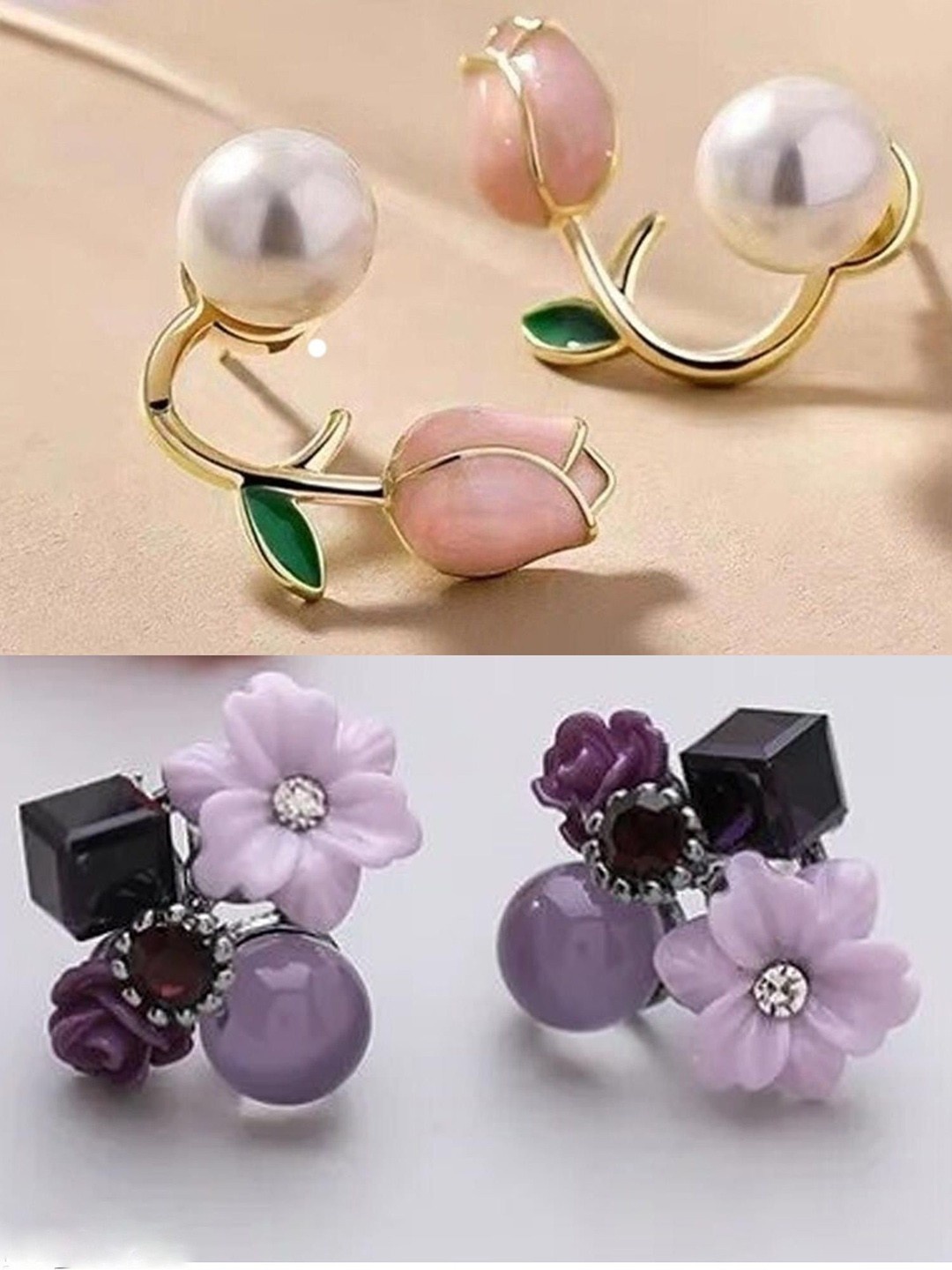 

kazare Set Of 2 Stone Studded & Beaded Floral Studs Earrings, Gold