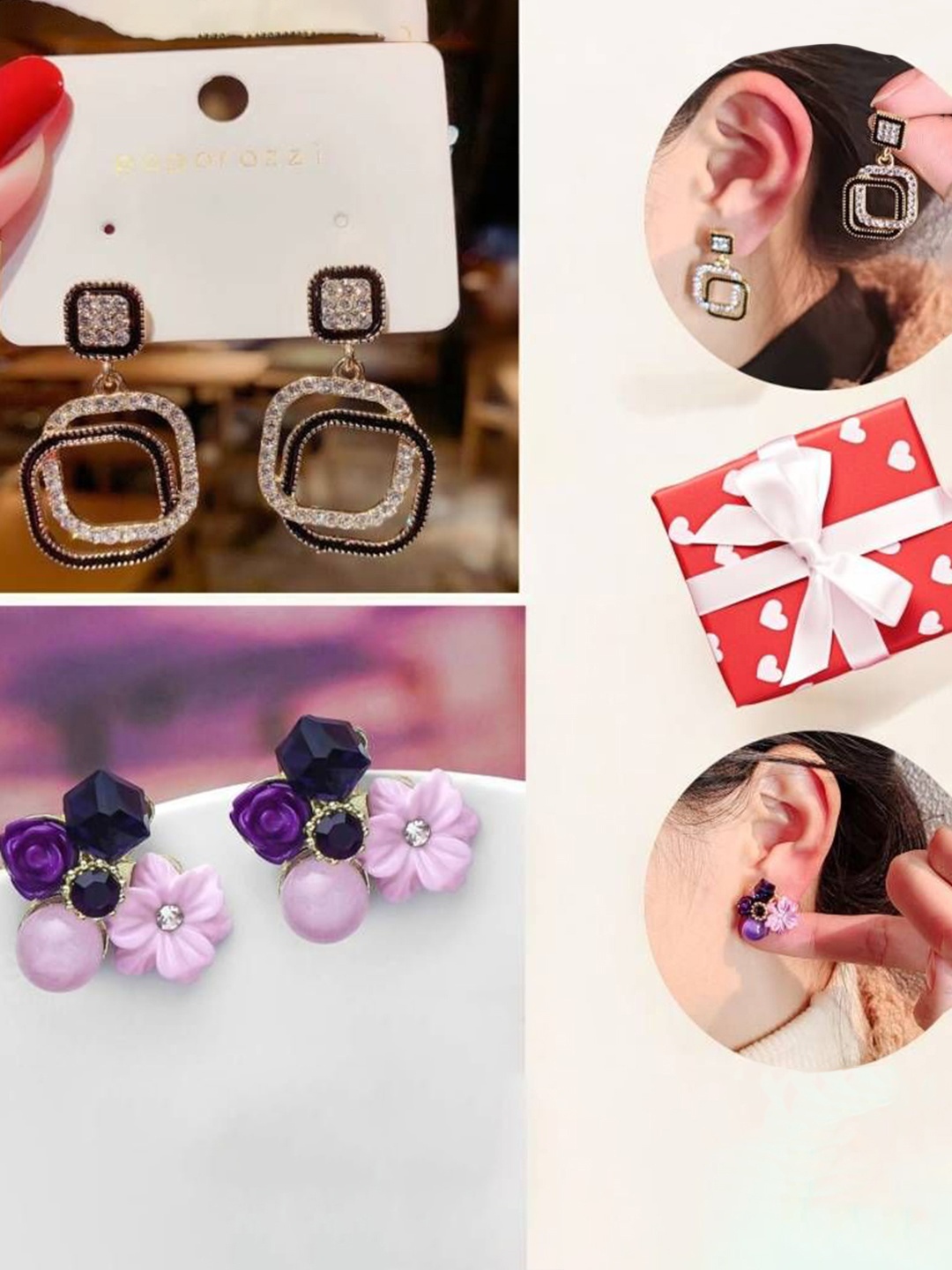 

kazare Set Of 2 Stone Studded & Beaded Floral Studs Earrings, Gold