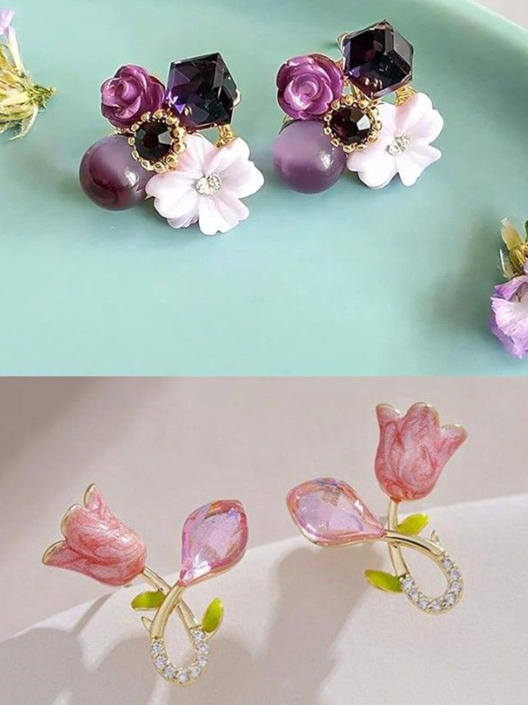 

kazare Set Of 2 Stone Studded & Beaded Floral Studs Earrings, Gold