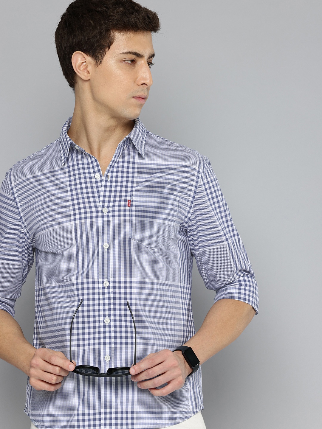 

Levis Slim Fit Checked Pure Cotton Casual Shirt, Grey