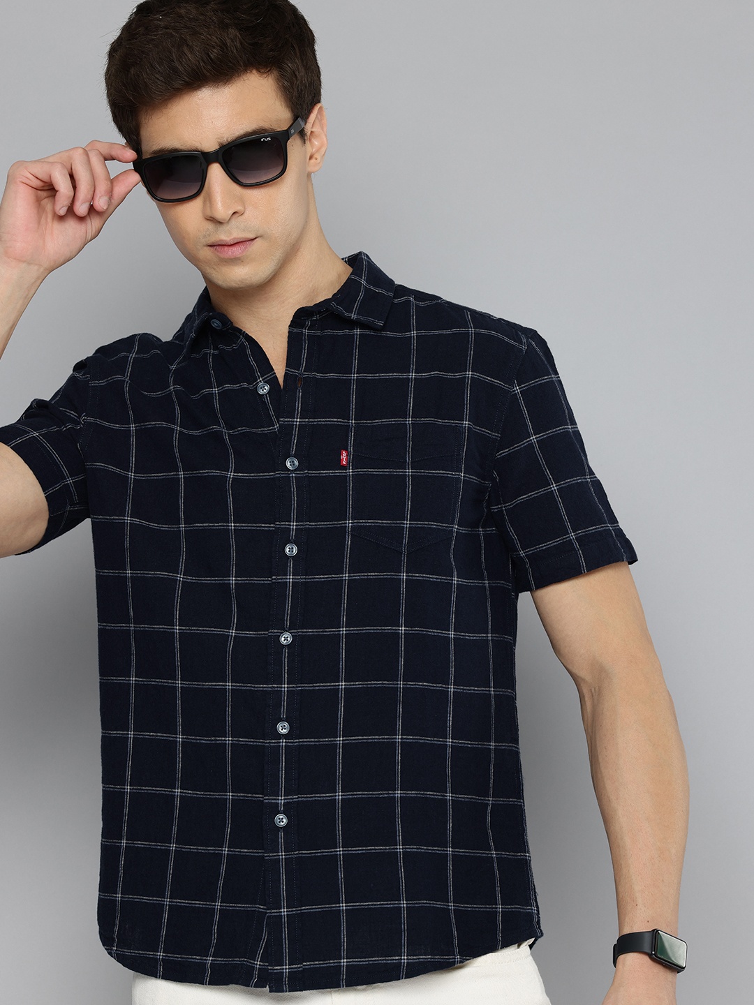 

Levis Slim Fit Checked Cotton Linen Casual Shirt, Blue