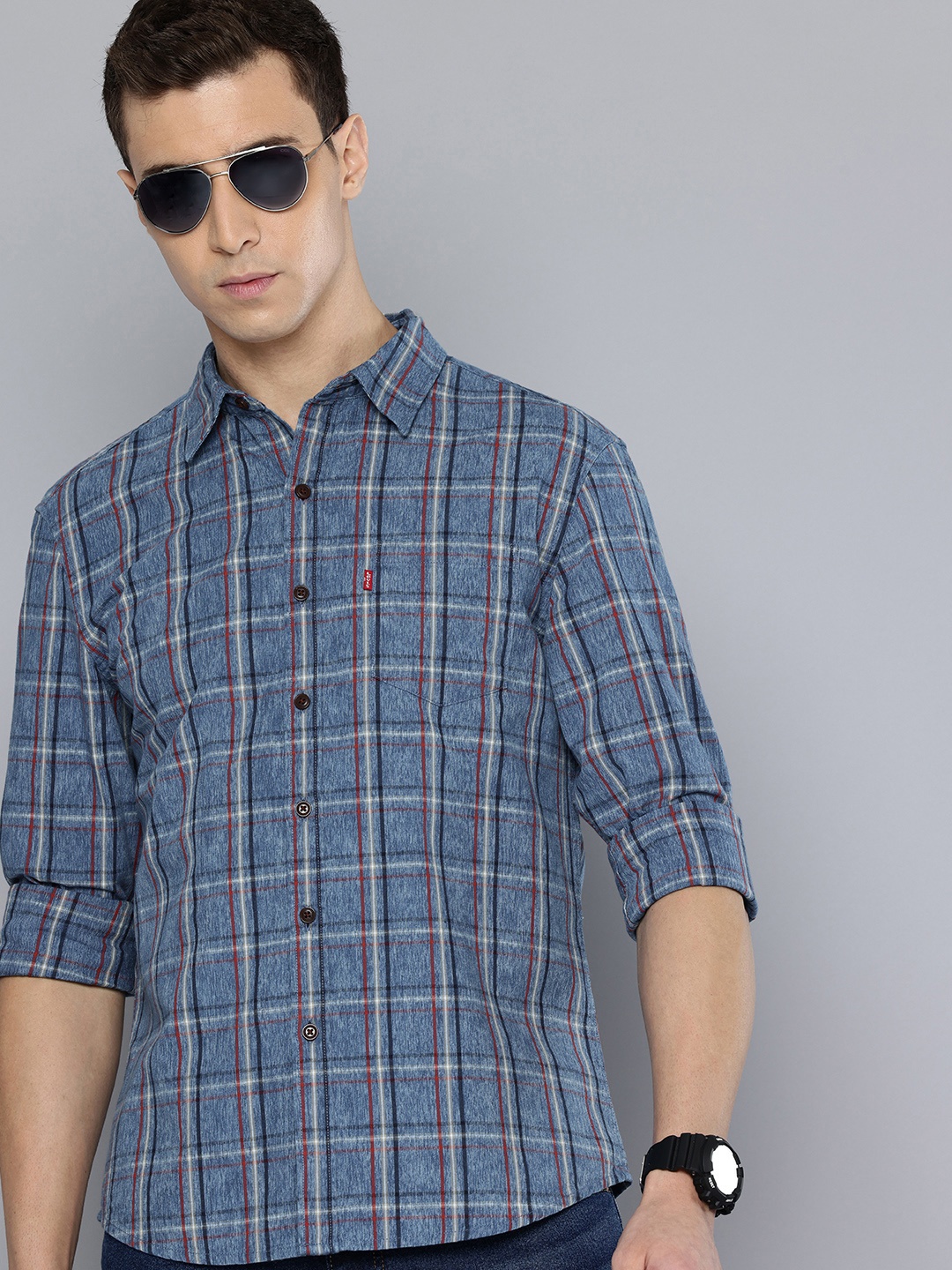 Levis Slim Fit Checked Pure Cotton Casual Shirt, Blue