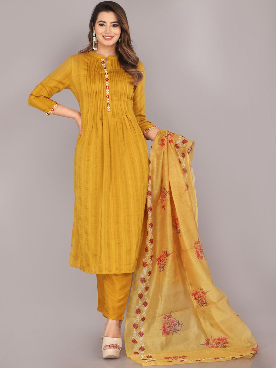 

GURRA Mandarin Collar Straight Kurta With Trousers And Dupatta, Mustard