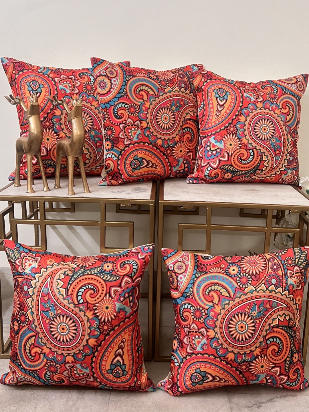 

DIHIKA Orange & Red 5 Pieces Ethnic Motifs Printed Jute Silk Square Cushion Covers