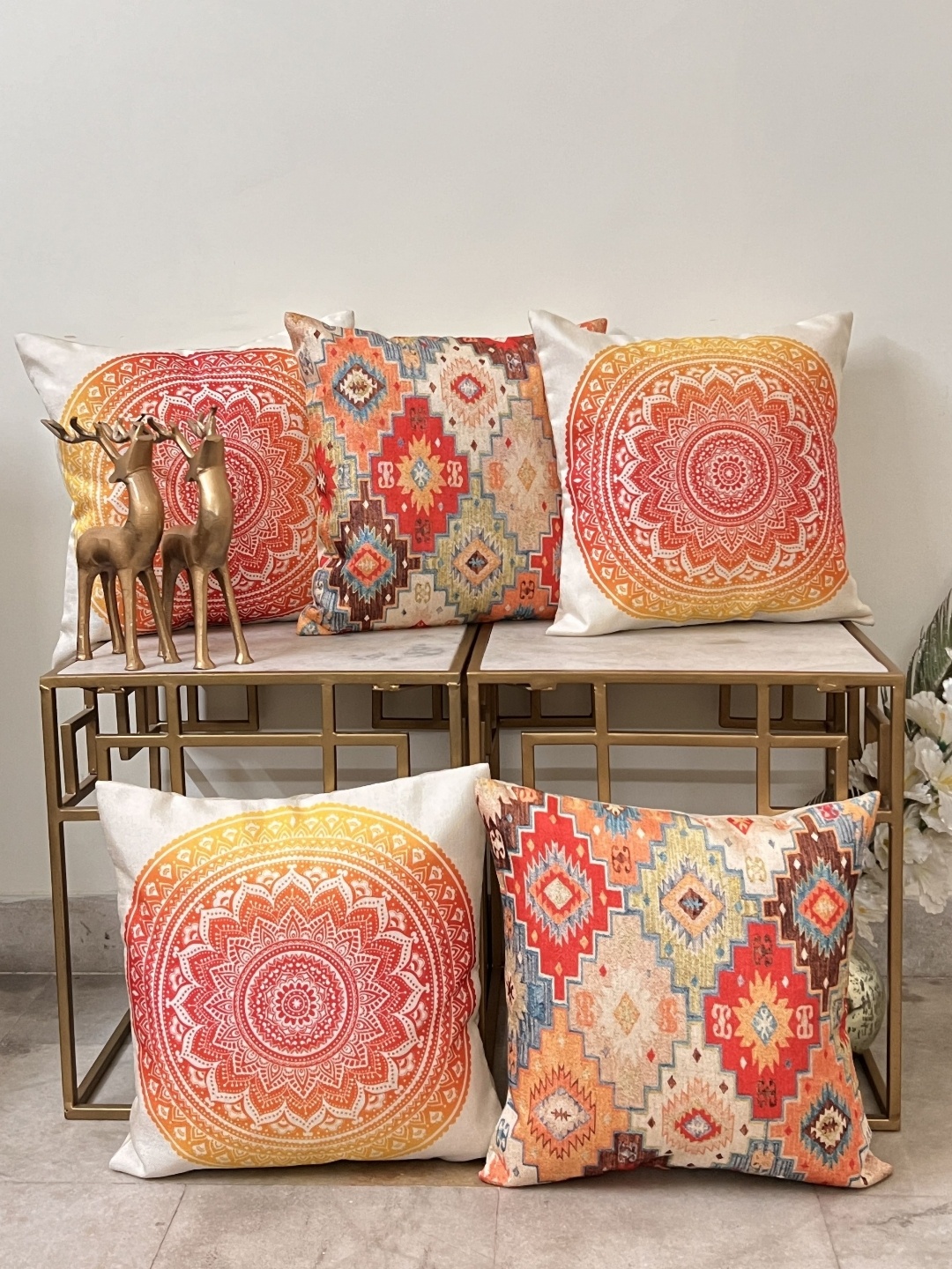 

DIHIKA Orange & White 5 Pieces Ethnic Motifs Printed Jute Silk Square Pillow Covers