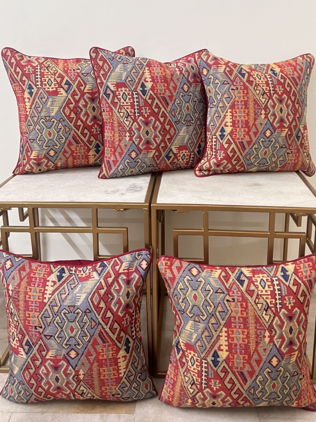 

DIHIKA Red and Grey 5 Pieces Geometric Printed Cotton Square Cushion Covers