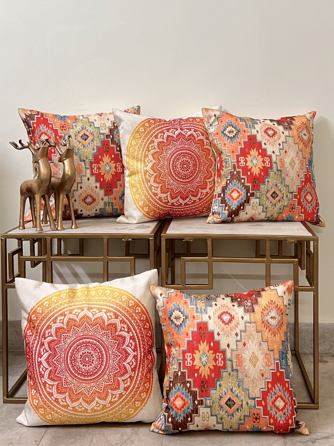 

DIHIKA Orange & Yellow 5 Pieces Ethnic Motifs Printed Jute Silk Square Cushion Covers
