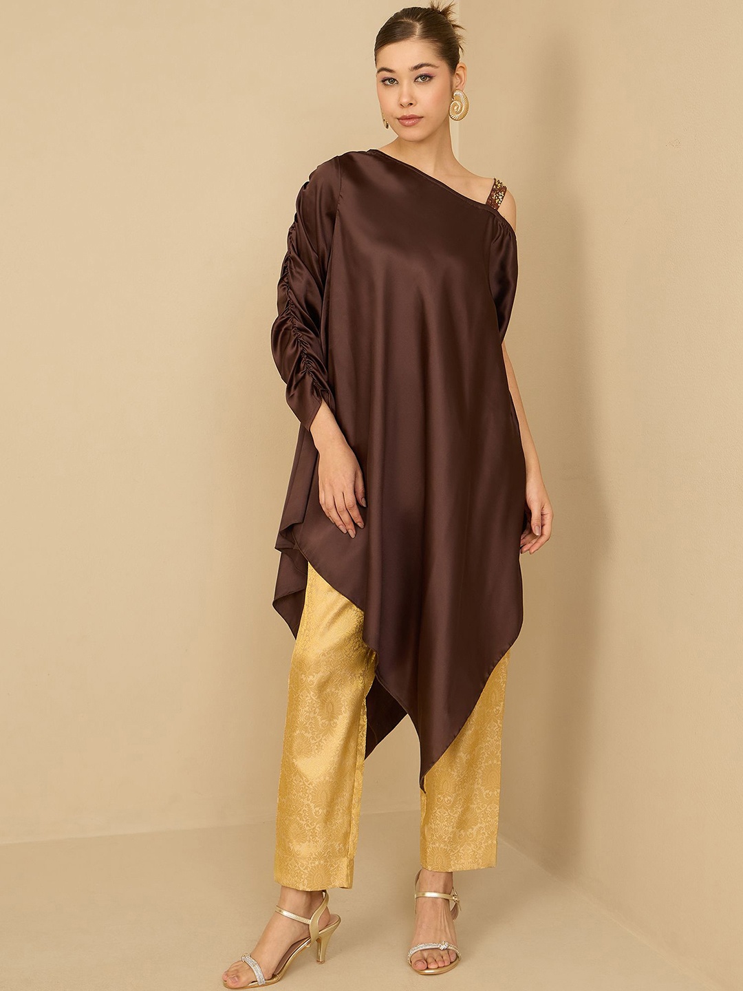 

Antheaa One Shoulder Long Sleeve jaquard Tunic And Trouser, Brown