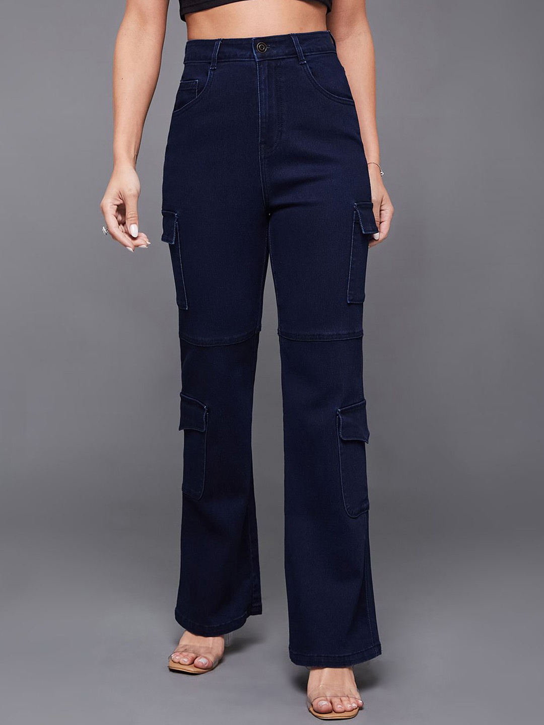 

Miss Chase Women Wide Leg High-Rise Stretchable Cargo Jeans, Navy blue