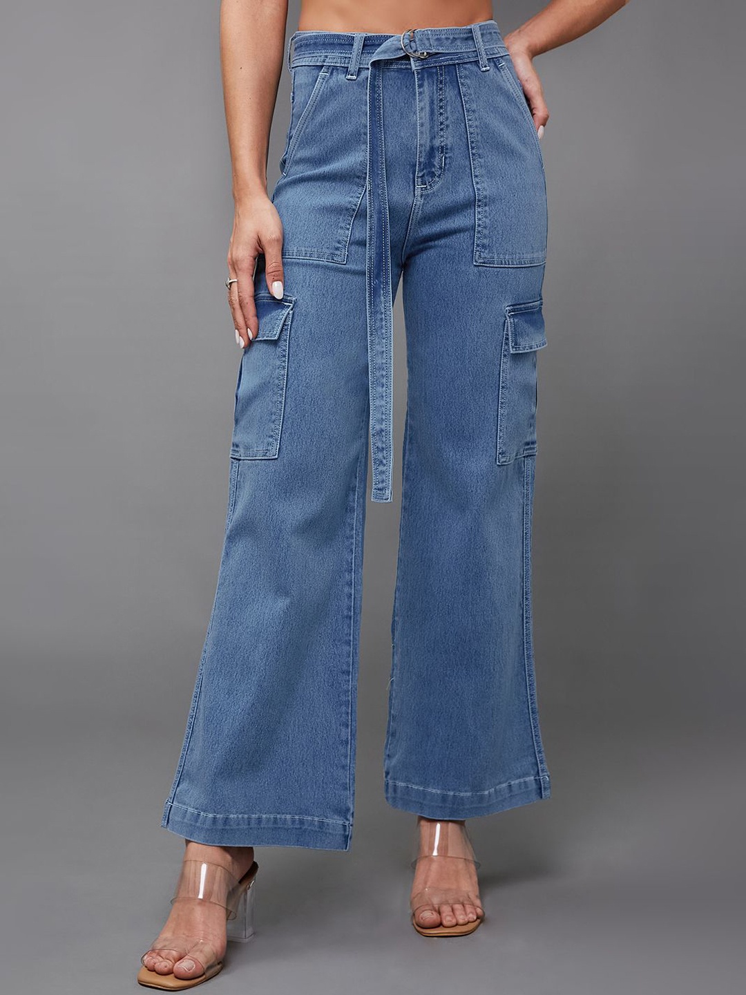 

Miss Chase Women Wide Leg High-Rise Light Fade Stretchable Jeans, Blue