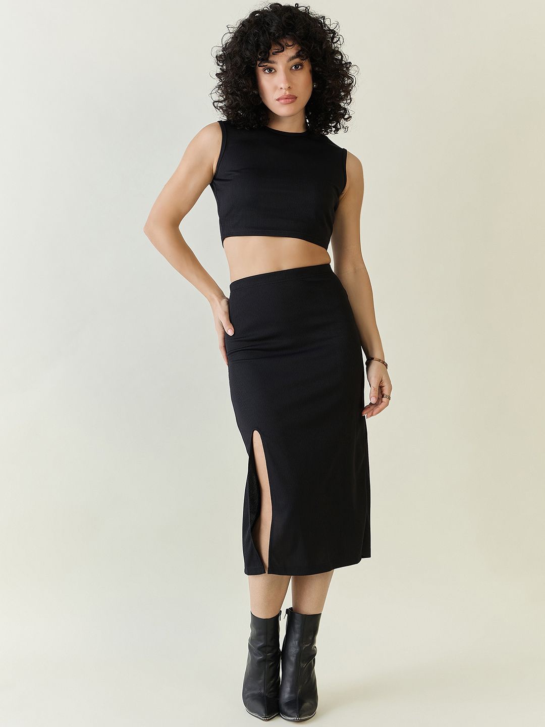 

aayu Round Neck Sleeveless Crop Top With Skirt, Black