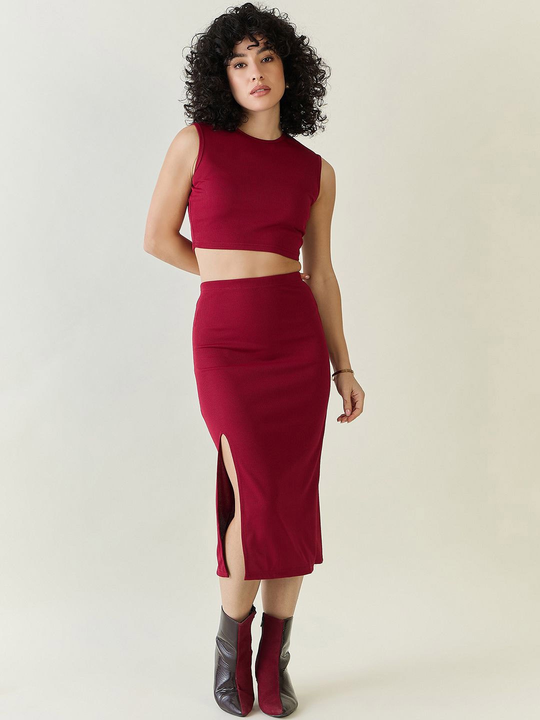 

aayu Round Neck Ribbed Top With Skirt Co-Ords, Maroon