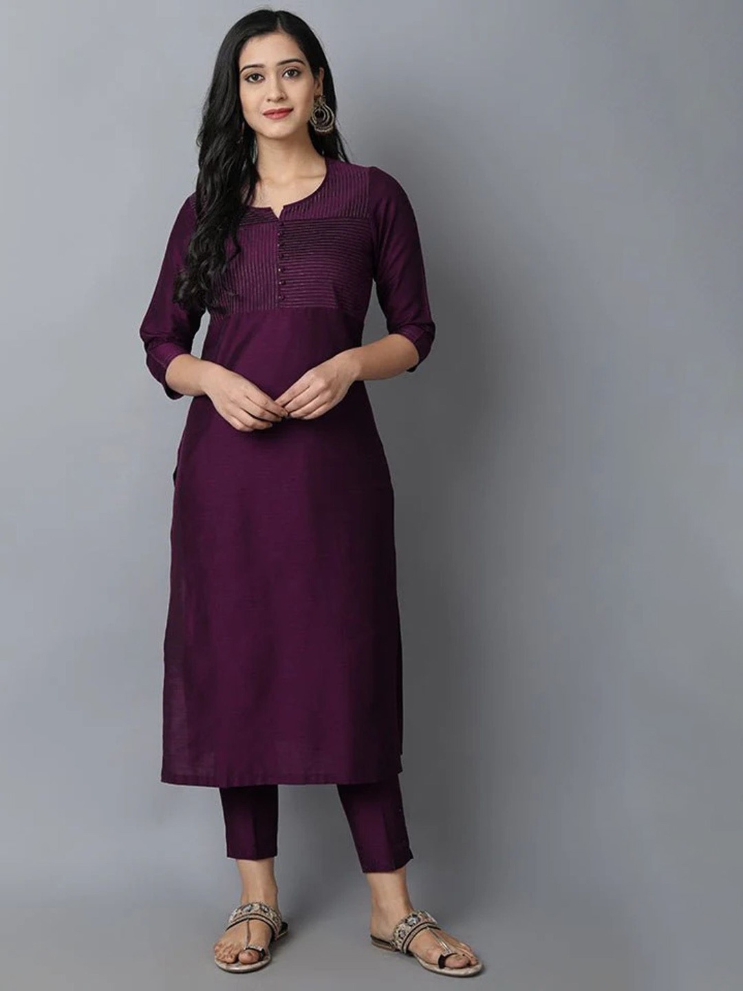 

Mera Rang Striped Notch Neck Raw Silk Straight Kurta With Trouser, Purple