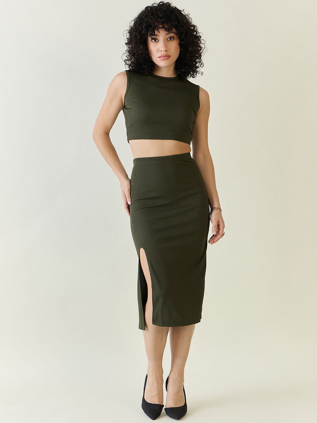 

aayu Sleeveless Crop Top With Skirt Co-Ords, Green