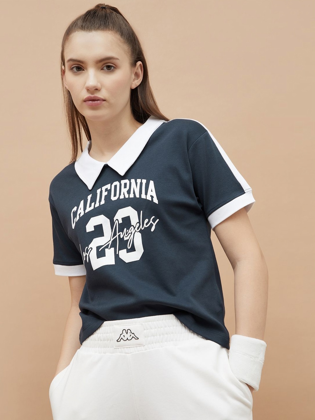 Kappa Women Varsity Printed Polo Collar Cotton T-shirt, Navy blue