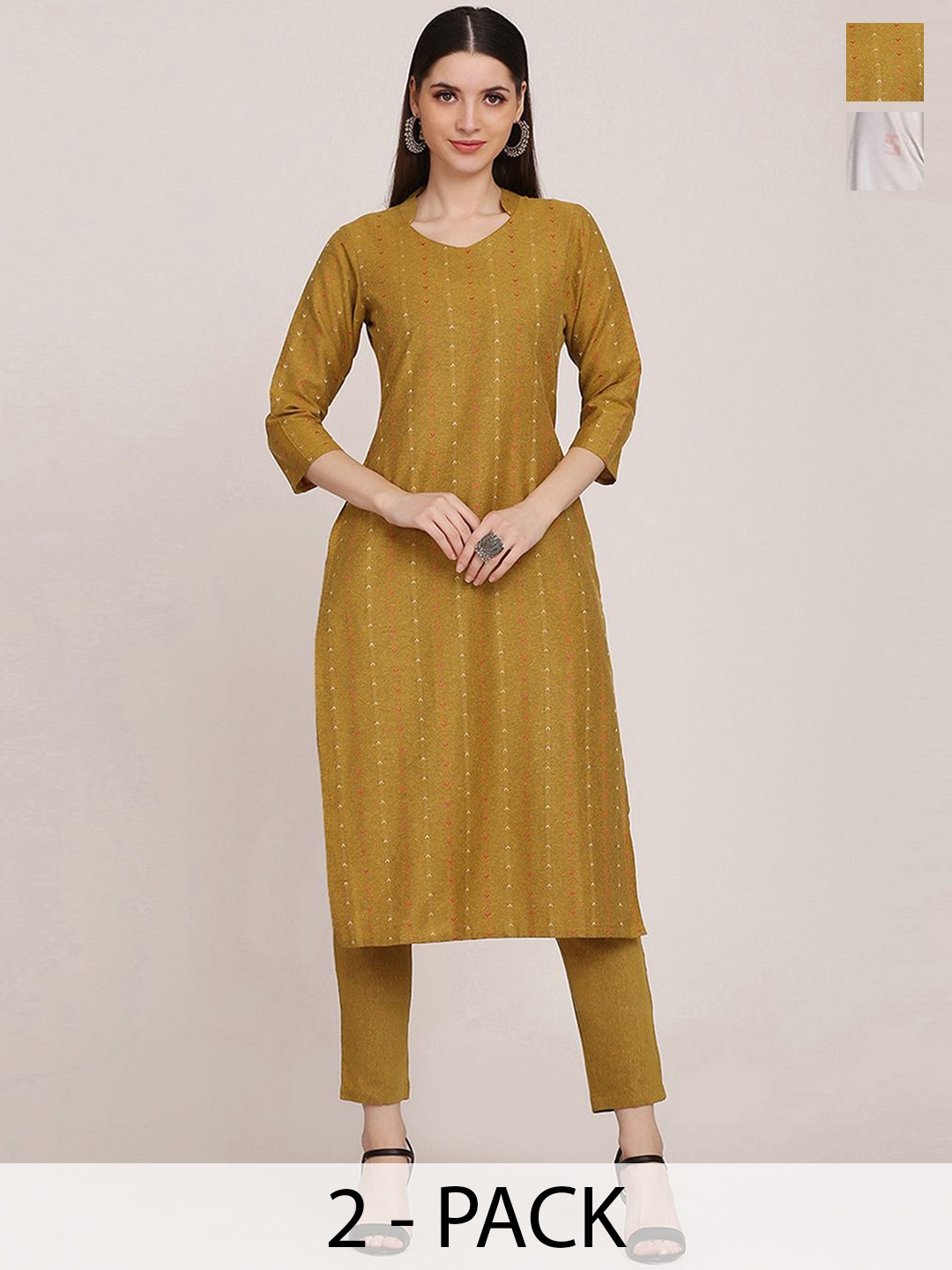 

KALINI Selection Of 2 Striped Mandarin Collar Straight Kurta With Trouser, Mustard